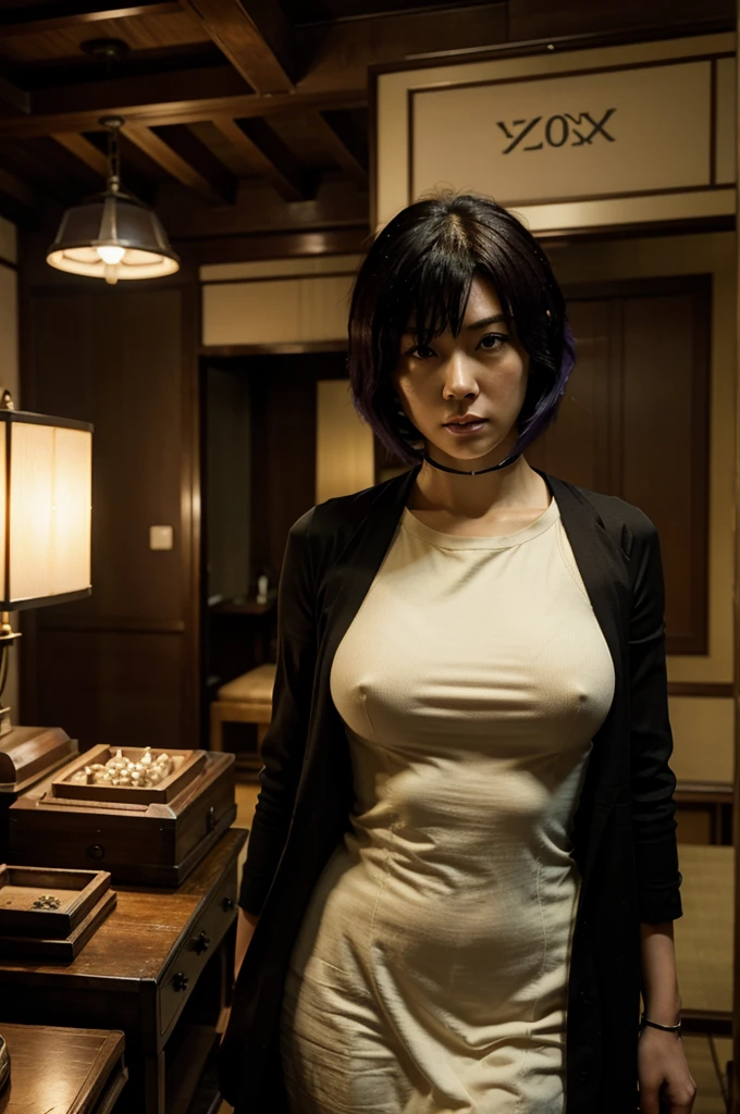 Motoko Kusanagi, from Ghost in the shell. in an antique and distopian Tokyo. year 1800´s. A universe alternative