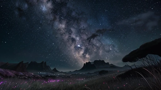 night,grassland,The close shot is tall grass,distant view of the sky,nebula, Milky Way Falls, Asteroid belt, Amazing concept art, beautiful fantasy painting, magnificent background,no humans