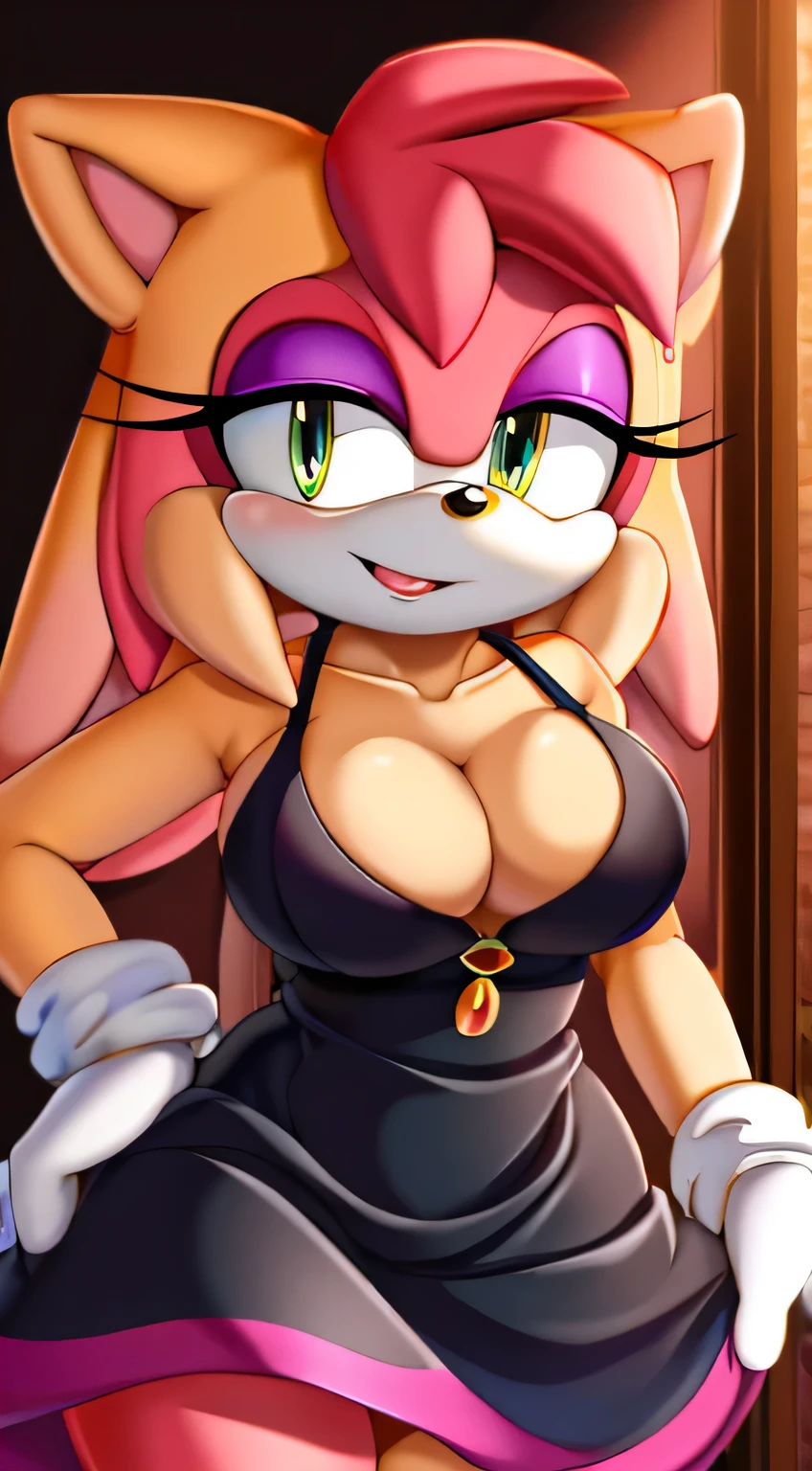 (masterpiece), (8k, high resolution), sonic, vanilla the rabbit fusion with amy rose fusion with rouge the bat, sexy, cleavage, wearing sexy dress, dark clothing, eyeshadow, eyelashes, menacing look, sultry, dark room