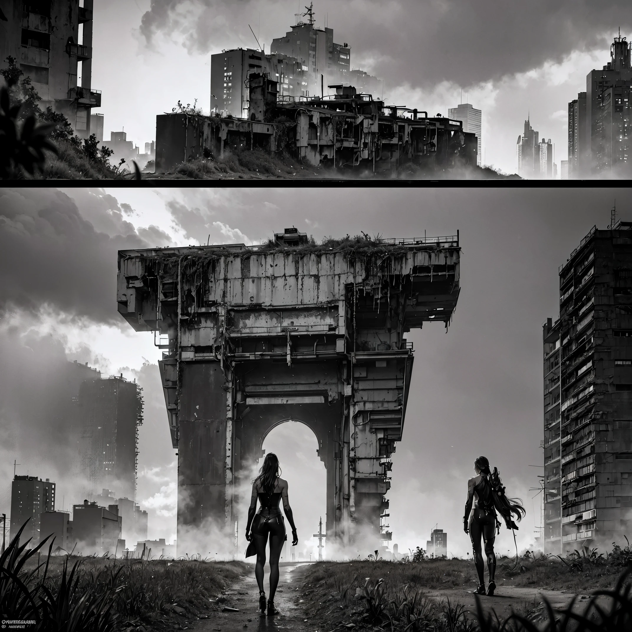 best quality,4k,8k,highres,masterpiece:1.2,ultra-detailed,realistic:1.37,post-apocalyptic manga city scenery,cyberpunk art style,dystopian future,desolate ruins,grim atmosphere,dilapidated buildings,overgrown vegetation,crumbling infrastructure,dark and moody lighting,abandoned vehicles,lonely streets,ominous skies,neon lights,glowing holograms,fallen billboards,destroyed landmarks,mysterious figures in the shadows,hauntingly beautiful,unforgettable imagery,emotional impact,detailed backgrounds,action-packed scenes,majestic cityscape,impressive architectural design,expressive characters,imposing mecha,explosions and smoke,futuristic technology,visually stunning,rich color palette,vivid hues,contrasting shades,sharp contrasts,emphasis on depth and perspective,cinematic composition,intricate line work,meticulous attention to detail,eye-catching visuals,immersive visualization,a captivating story unfolding through images.