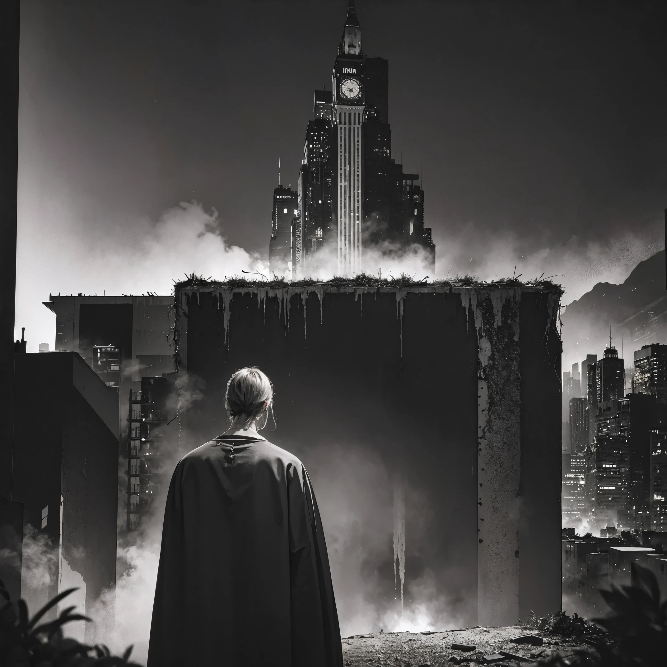 best quality,4k,8k,highres,masterpiece:1.2,ultra-detailed,realistic:1.37,post-apocalyptic manga city scenery,cyberpunk art style,dystopian future,desolate ruins,grim atmosphere,dilapidated buildings,overgrown vegetation,crumbling infrastructure,dark and moody lighting,abandoned vehicles,lonely streets,ominous skies,neon lights,glowing holograms,fallen billboards,destroyed landmarks,mysterious figures in the shadows,hauntingly beautiful,unforgettable imagery,emotional impact,detailed backgrounds,action-packed scenes,majestic cityscape,impressive architectural design,expressive characters,imposing mecha,explosions and smoke,futuristic technology,visually stunning,rich color palette,vivid hues,contrasting shades,sharp contrasts,emphasis on depth and perspective,cinematic composition,intricate line work,meticulous attention to detail,eye-catching visuals,immersive visualization,a captivating story unfolding through images.