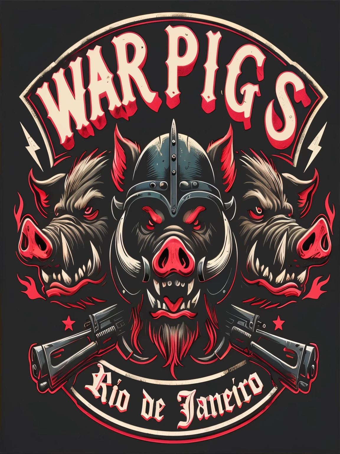 um close de um javali com um capacete e duas armas, apocalyptic road warrior vibe, Porcos, obra de arte, by Inacio Zuloaga, porco porco porco, anthropomorphic warrior piglet, epic color illustration, warriors fan art, por Warren Mahy, inspired por James Warhol, por James Warhol, por Wayne Reynolds, por Wayne Inglaterra
