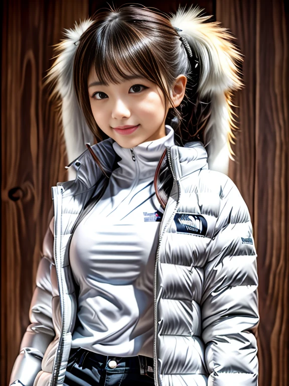 very detailed、masterpiece、Ski Resort Background、a woman in a (white down jacket at northface), white jacket and black pants posing for a picture, model is wearing techtical vest, sportswear, sportswear, かわいいsportswear, nanocarbon-vest, white!!, white coat, tech wear women pictures, 2 techwear women, catalog photo, stylish coat for rave, full body photo, future inflatable jacket, Miko, Kim Woo