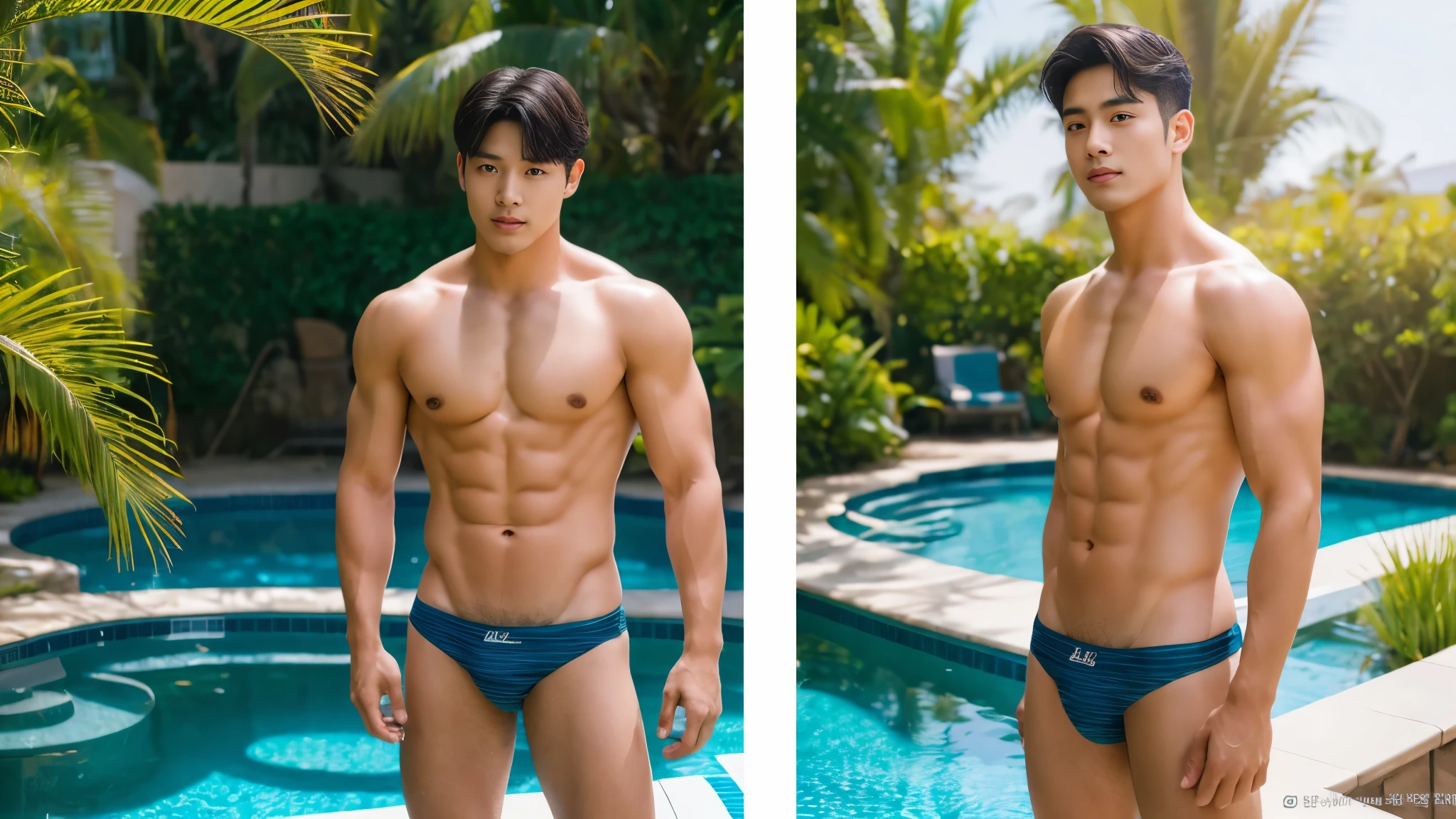 In the captivating image lies a Korean handsome guy, radiating charisma as he proudly showcases his slightly muscular build in a full-bodied stand-up pose. Wearing a sexy bikini that accentuates his physique, he stands amidst the outdoor environment, bathed in the golden light of a beautiful day.

With an unrivaled attention to detail, this photorealistic portrait embodies the National Geographic style, capturing every nuance of his textured skin in 8k resolution. His features emerge in pristine clarity, from the deep-set eyes to the chiseled jawline, making this image a true masterpiece.

The lif