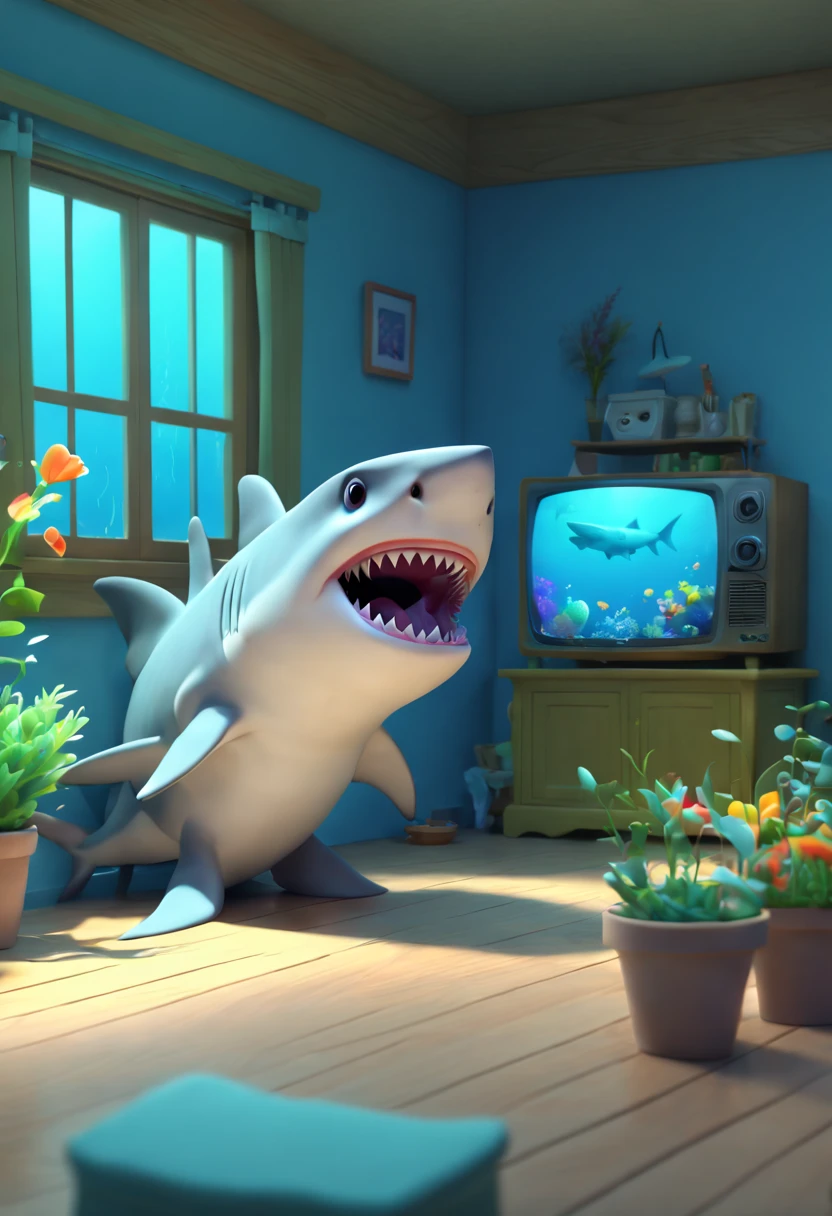 cartoon style, a shark cub watching tv in house underwater, tv show playing about florist, best quality, masterpiece, 8k