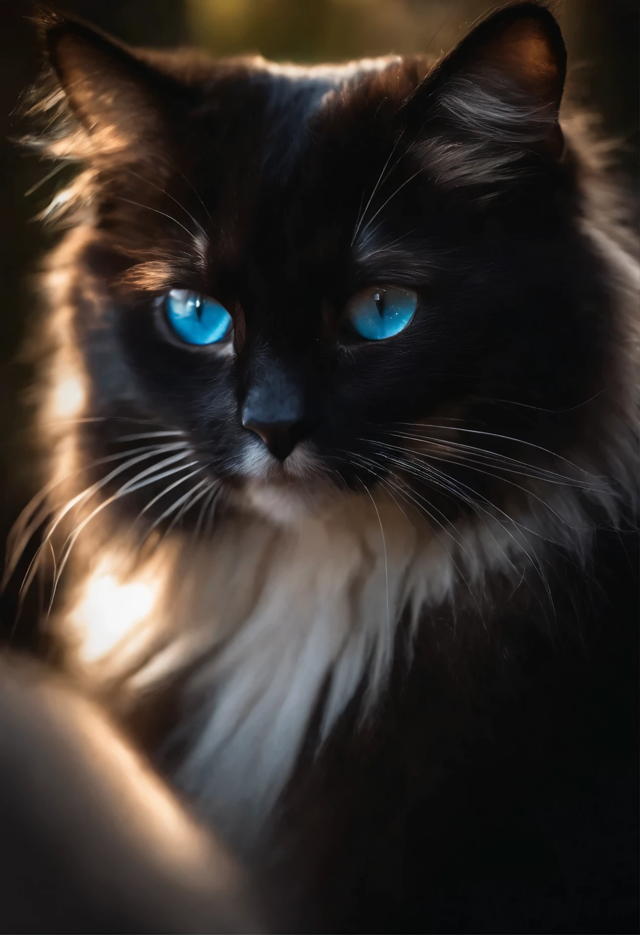 A fluffy cat,playful,curious,bright blue eyes,soft black fur,whiskers twitching,stretching in a sunbeam,feline grace and elegance,(best quality,4k,highres),vivid colors,lively and energetic,artistic illustrations and watercolor paintings,dreamy and whimsical,subtle pastel hues,soft lighting,bokeh