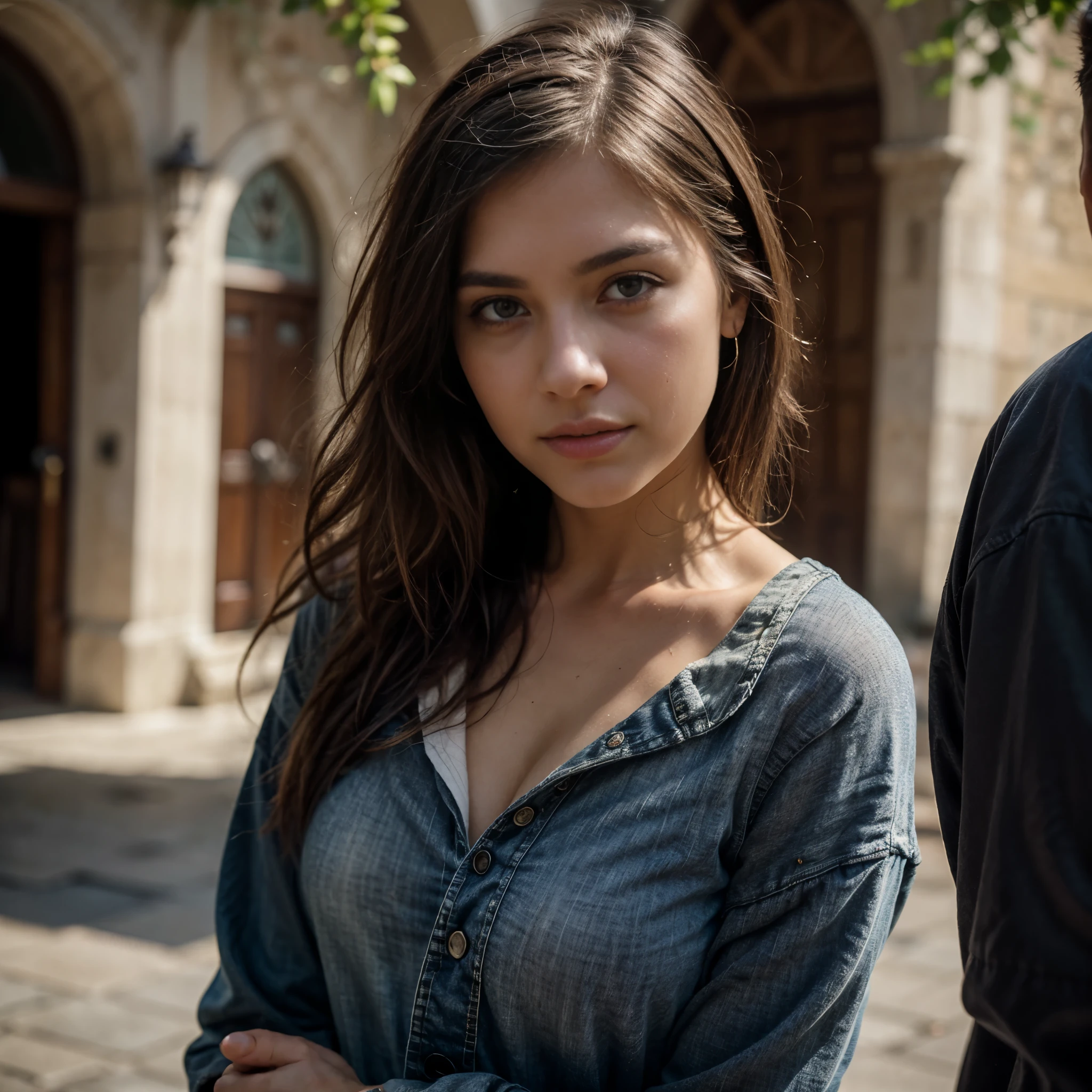 beautiful woman ,30 years old, dark bown eyes, dark brown hair, standing on a square infront of a church in mexico, wearing black jeans black tshirt and white jeansjacket, perfect face, one beautiful woman, oval face, senseful lips, big brown eyes, 30 years old, slim sporty body, middle size breast, front view, fish eye view, wide angle, no text, sunny weather, backgorund blurred, sefie shot, cinematic lighting, motion blur, film grain, very detailed, 30 years, natural wave hair, dark brown eyes, high-res, masterpiece, best quality, intricate details, highly detailed, sharp focus, detailed skin, realistic skin texture, texture, detailed eyes, professional, 4k, 85mm, shallow depth of field, kodak color vision, perfect fit body, extremely detailed, photo_\(ultra\), photorealistic, realistic, post-processing, maximum detail, roughness, real life, ultra realistic, photorealism, photography, 8k uhd, photography (grain of film) medium shot for closeup shot, Kodak portra 4 0 0, wetplate, fisheye, award - winning
portrait by britt marling, 