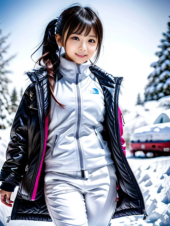 very detailed、masterpiece、Ski Resort Background、a woman in a (white down vest at northface), white jacket and black pants posing for a picture, model is wearing techtical vest, sportswear, sportswear, かわいいsportswear, nanocarbon-vest, white!!, white coat, tech wear women pictures, 2 techwear women, catalog photo, stylish coat for rave, full body photo, future inflatable jacket, Miko, Kim Woo