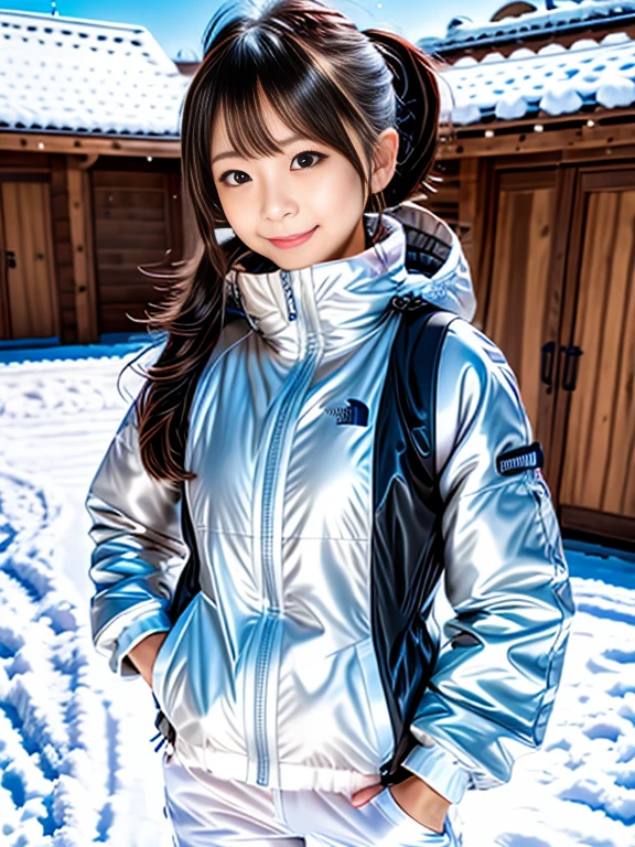 very detailed、masterpiece、Ski Resort Background、a woman in a (white down vest at northface), white jacket and black pants posing for a picture, model is wearing techtical vest, sportswear, sportswear, かわいいsportswear, nanocarbon-vest, white!!, white coat, tech wear women pictures, 2 techwear women, catalog photo, stylish coat for rave, full body photo, future inflatable jacket, Miko, Kim Woo