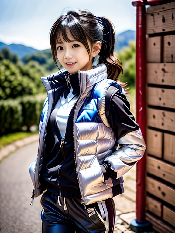 very detailed、masterpiece、Ski Resort Background、a woman in a (white down vest at northface), white jacket and black pants posing for a picture, model is wearing techtical vest, sportswear, sportswear, かわいいsportswear, nanocarbon-vest, white!!, white coat, tech wear women pictures, 2 techwear women, catalog photo, stylish coat for rave, full body photo, future inflatable jacket, Miko, Kim Woo
