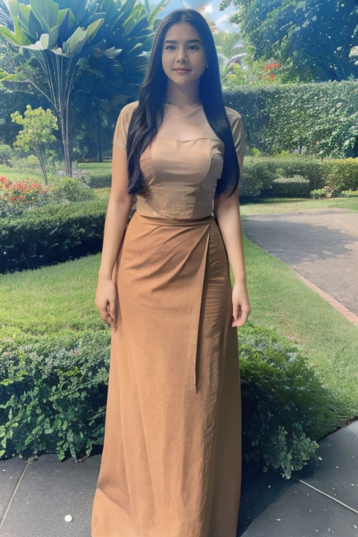 A Glamorous chubby fit Woman with long wavy hairstyle wearing beautiful silky outfit, big breasts, small waist, perfect full body shape posing in the fashion show runway.