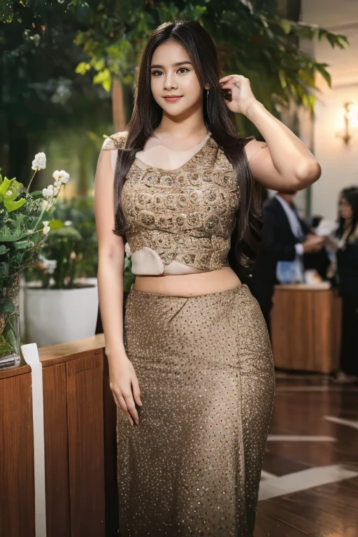 A Glamorous chubby fit Woman with long wavy hairstyle wearing beautiful silky outfit, big breasts, small waist, perfect full body shape posing in the fashion show runway.