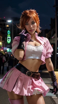 1girl,cowboy shot, beautiful nora_valkyrie, looking at viewer, smile, short hair, blue eyes,heart cutout, gloves, jacket, pink skirt, pink belt, short sleeves, puffy sleeves, single armband, fingerless gloves, orange hair, pink gloves, dynamic pose, night, outdoors, city, (volumetric lighting), best quality, masterpiece, intricate details, tonemapping, sharp focus, hyper detailed, trending on Artstation,