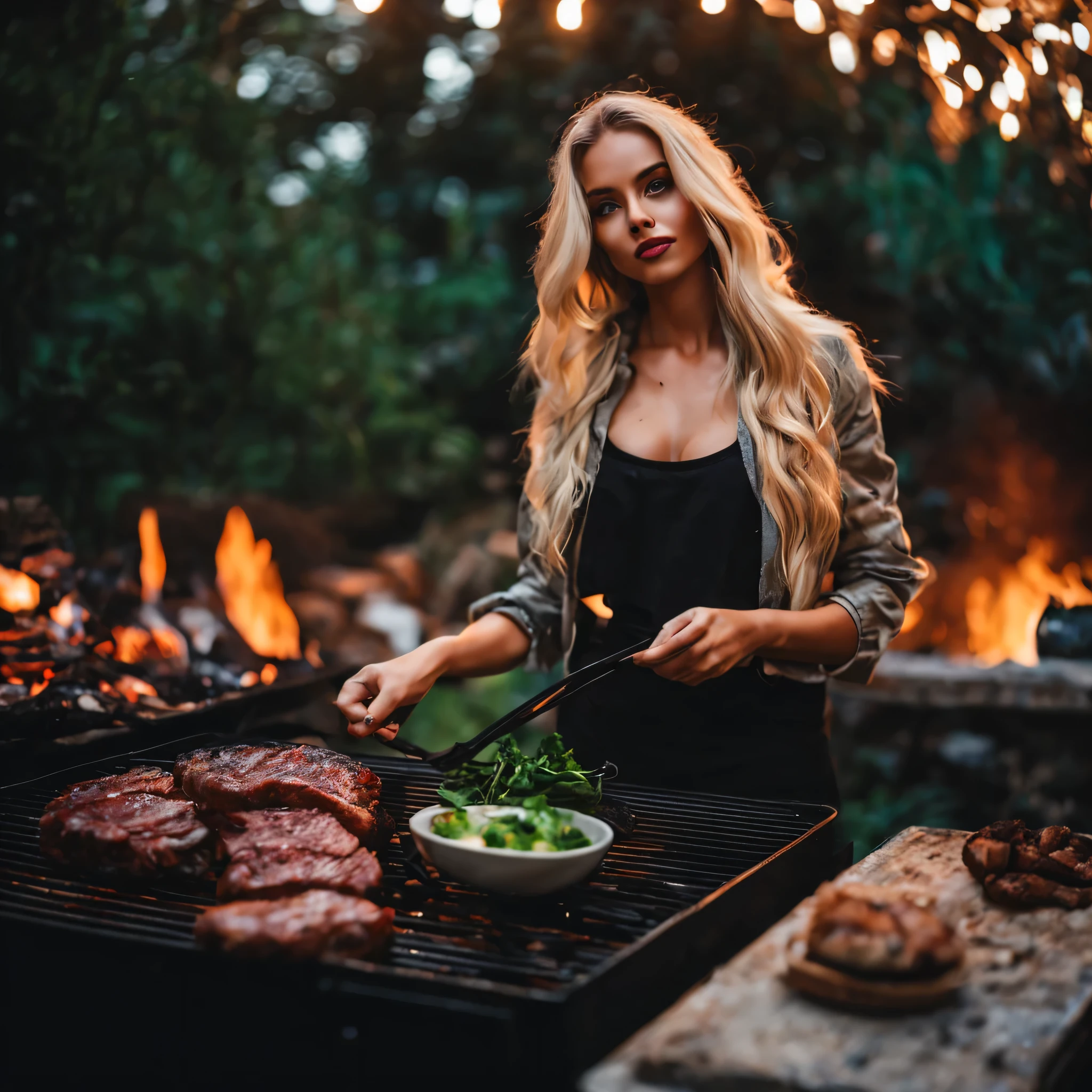 night shot of side pose of a beautiful Instagram influencer, 24 years old, front face, look in the camera, Long blonde hair, beautiful dark green eyes, European, perfect figure, extremely pretty, do bbq, grilling, flames, smoke, steak, meat, realistic skin texture, realistic photography