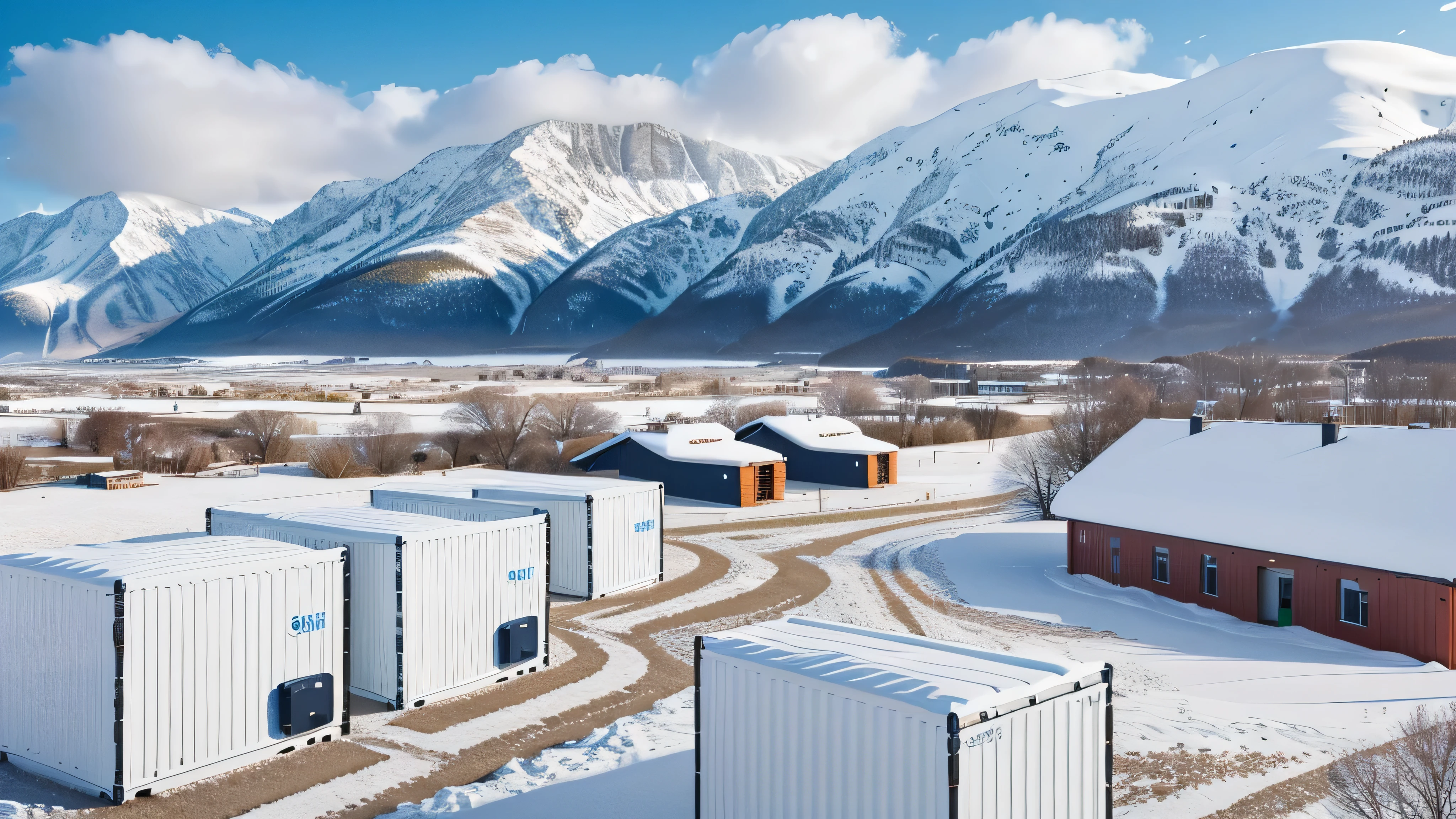 several Battery Energy storage system ( in 20 ft white color containers) in greener ground. in the background mountains with peak covered in snow. solar panels, high voltage power line and wind turbines also visible in the background. highly realistic