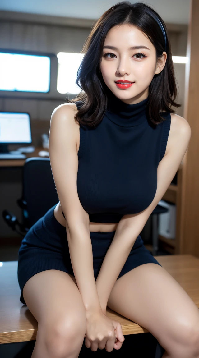 (((乳首の形がわかる少し透けたニット))), (((オフィスレディ、OL、office lady、formal clothes,navy knit、high neck knit、thin knit)))、(((horseshoe-shaped hairband)))、formal ,vivid color panty,high heel、(((full body,including legs)))、Dressed up、(Photo real:1.4)、(A hyper-realistic:1.4)、(Photorealistic:1.3)、 (gentle lighting: 1.05)、(Improve the lighting quality of your video:0.9)、32k、 1Girl、28years old girl、photorealistic lighting、Back lighting、Facial Lights、Ray Trace、(bright:1.2)、(Increase quality:1.4)、 (best quality real texture skin)、Fair eyes,Delicate and delicate face, Close-up of the face, navy knit,very tight knit ,high neck knit,sleeveless knit,no-sleeve knit,navy pencil skirt ,navy tight skirt, (Bodyline mood improvement:1.1)、Glossy skin、wavy hair,韓国アイドル、乃木坂アイドル、Sculptural Idol Pose、little smile,blush,Beautiful actress、Neat woman,whole body, (((large breasts))),(perfect row of teeth),slender waist and hip,beautiful long legull shot)、((8heads tall)、(((誘惑している、恥ずかしい)))、dynamic pose,gravure pose,(eye shadow),((red cheek、red lips)),Super Clean Night View、night time、blush,little smile,(((full shot)))、a little open the legs apart、sitting down on the desk,(((in the luxury night office)))