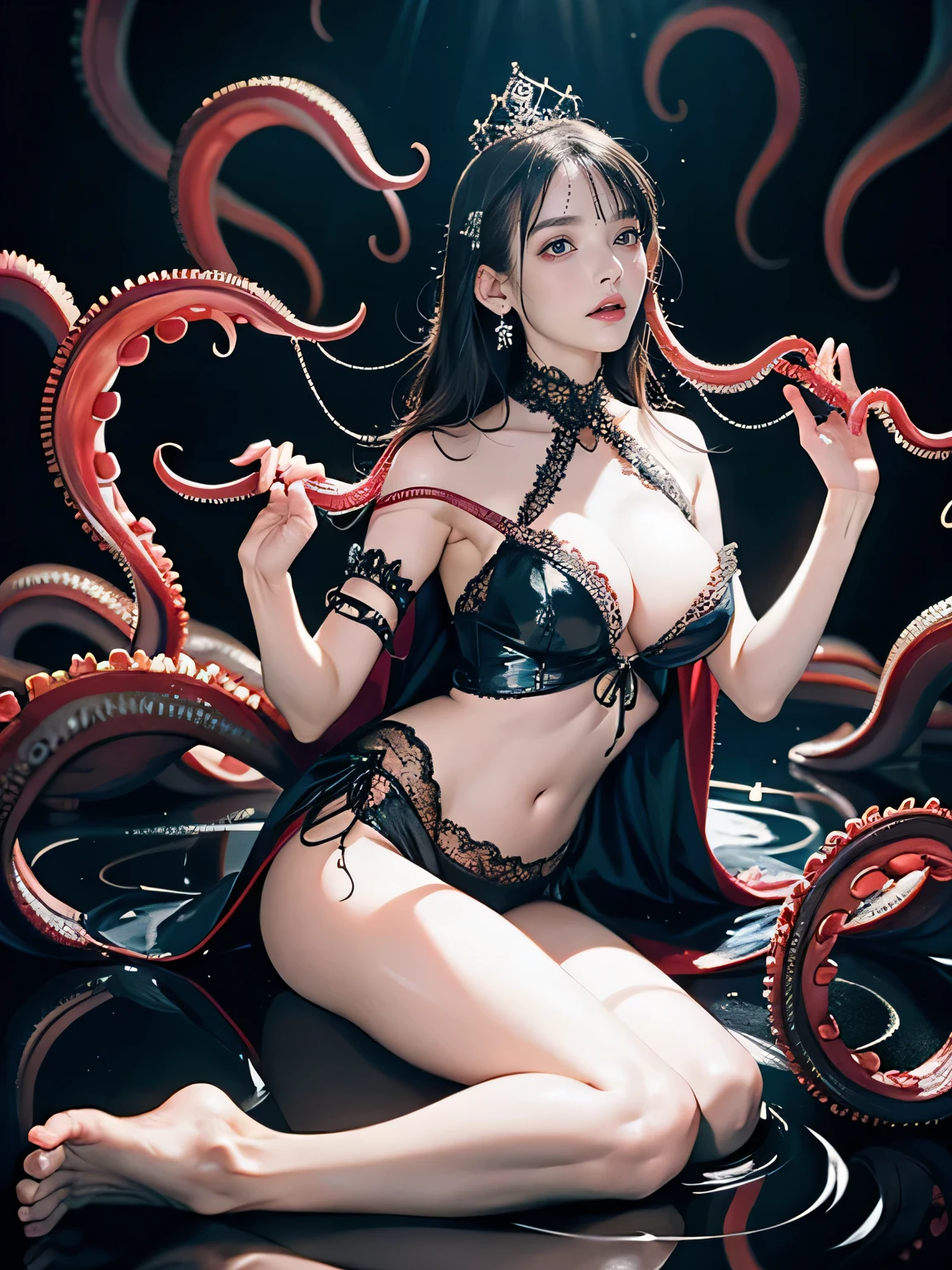 8K quality, anatomically correct limbs and fingers (big breasts: 1.3), (hands hidden behind body), surrounded by a large number of tentacles, vaguely glowing tentacles, looks like oil is applied from the neck down A wet body (breasts facing upwards), flushed cheeks, black bangs, tentacles in a puddle (a shallow, dark cave), breasts being rubbed by tentacles, medium-long straight black hair, legs spread by tentacles. , a woman wearing a tiara, sexy lace underwear, various accessories (jewels scattered at the bottom of a puddle), a torn blouse, a toned body, a thin waist, a translucent octopus, a huge semicircle wrapped around her body. Transparent tentacles, (tentacles that cover the background), (tentacles that stick to the body), (tentacles that grab limbs), (bondage: 1. 2), surrealism, ray tracing, cinematic lighting, Sony FE GM, backlighting, masterpiece , 1girl,