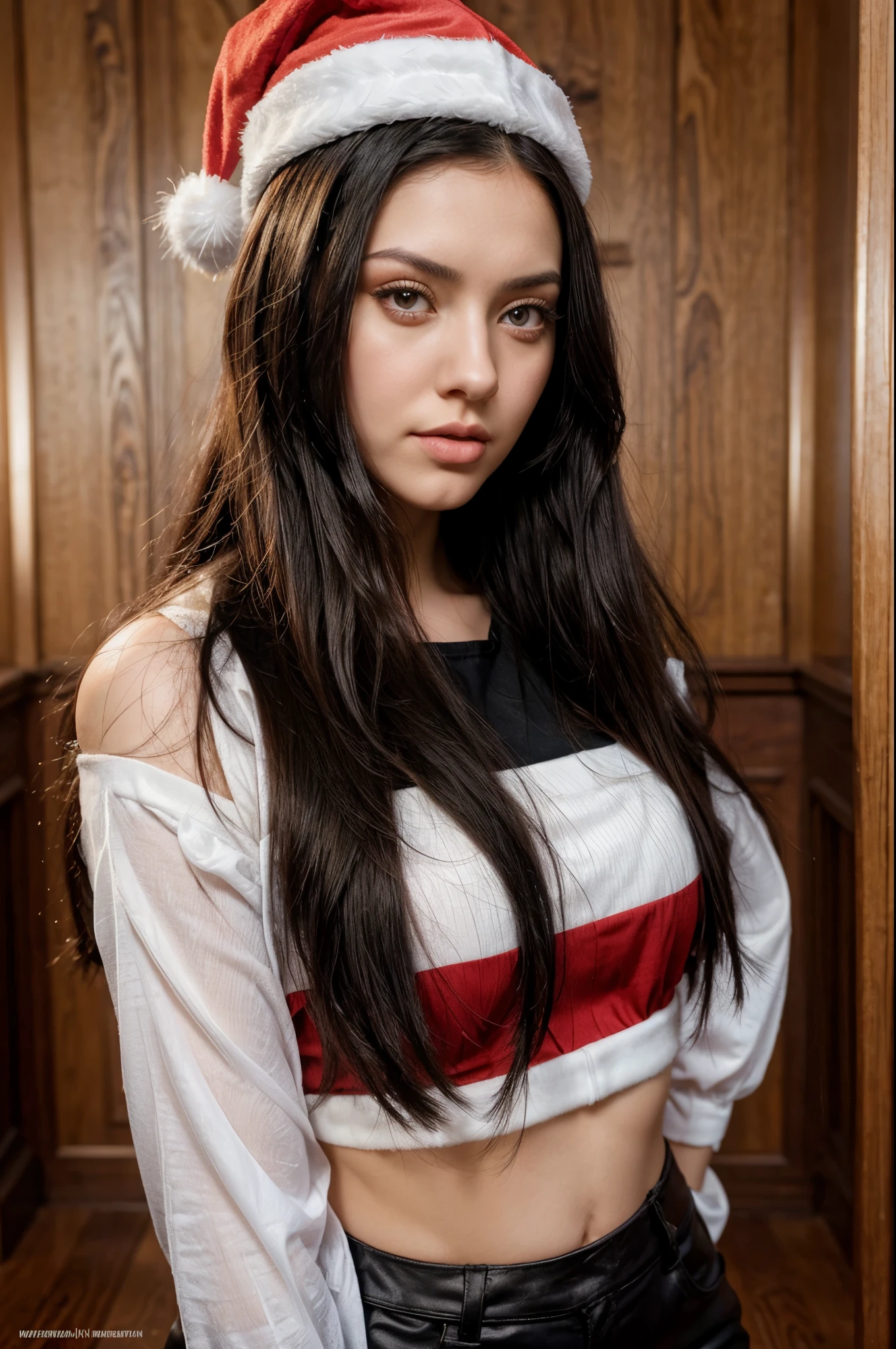 there is a woman with long black hair wearing a santa hat, angelawhite, pale-skinned persian girl, anna nikonova aka newmilky, 18 years old, inspired by Ion Andreescu, anastasia ovchinnikova, with long hair and piercing eyes, black hair and large eyes, yelena belova, leaked image, with long dark hair
