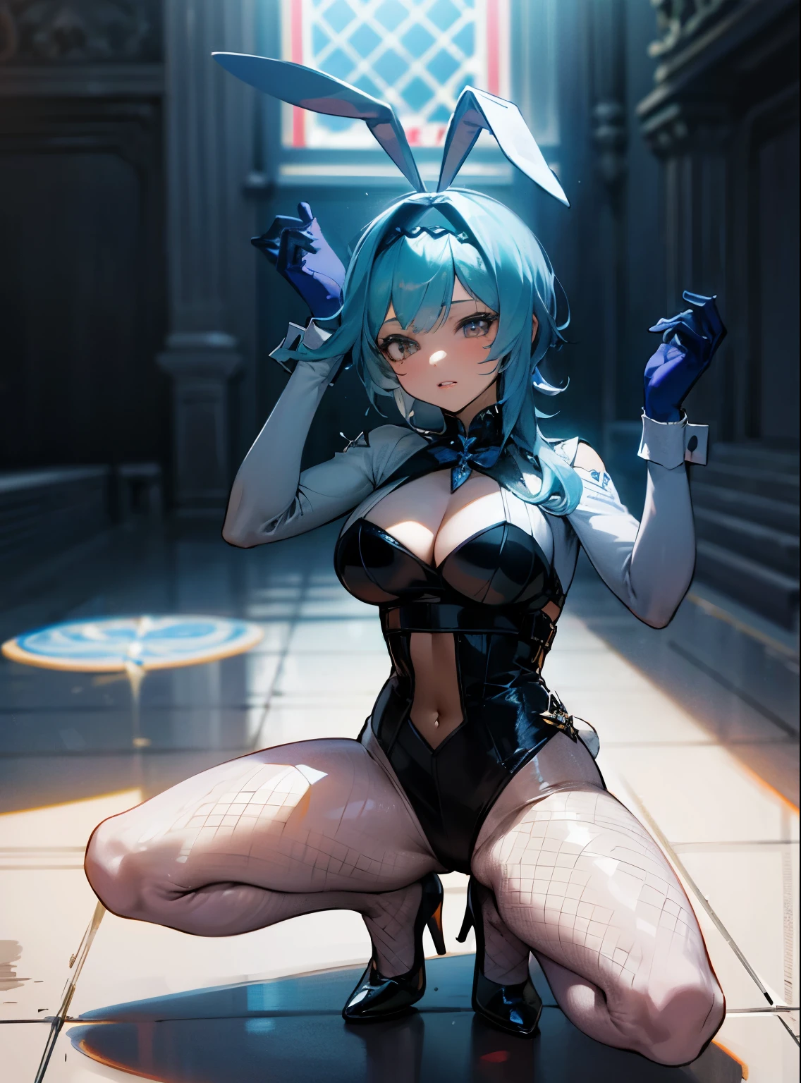 1girl, (solo), ((masterpiece)), (bar), [slim], (big breasts:1.2), (detailed), cinematic lighting, (textured skin), ((8k)), ((very clear)), cleavage, focused, shading, tracing, smooth, euladef, ((bunnysuit)), bunny ears, tights, high heels, crouching, blue hair