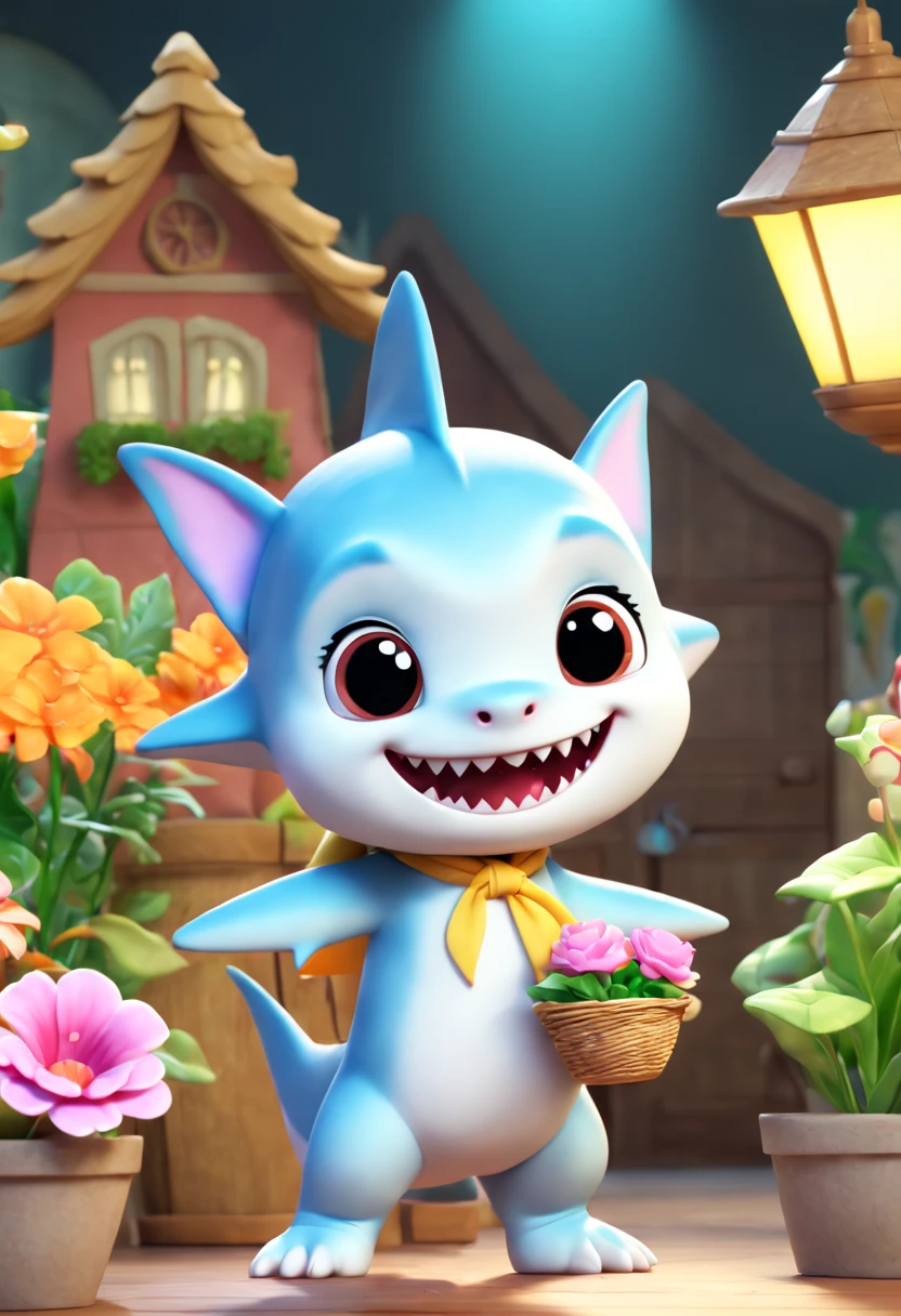 cartoon style, Fairy Tales, shark cub, chibi, tv show playing about florist, best quality, masterpiece, 8k