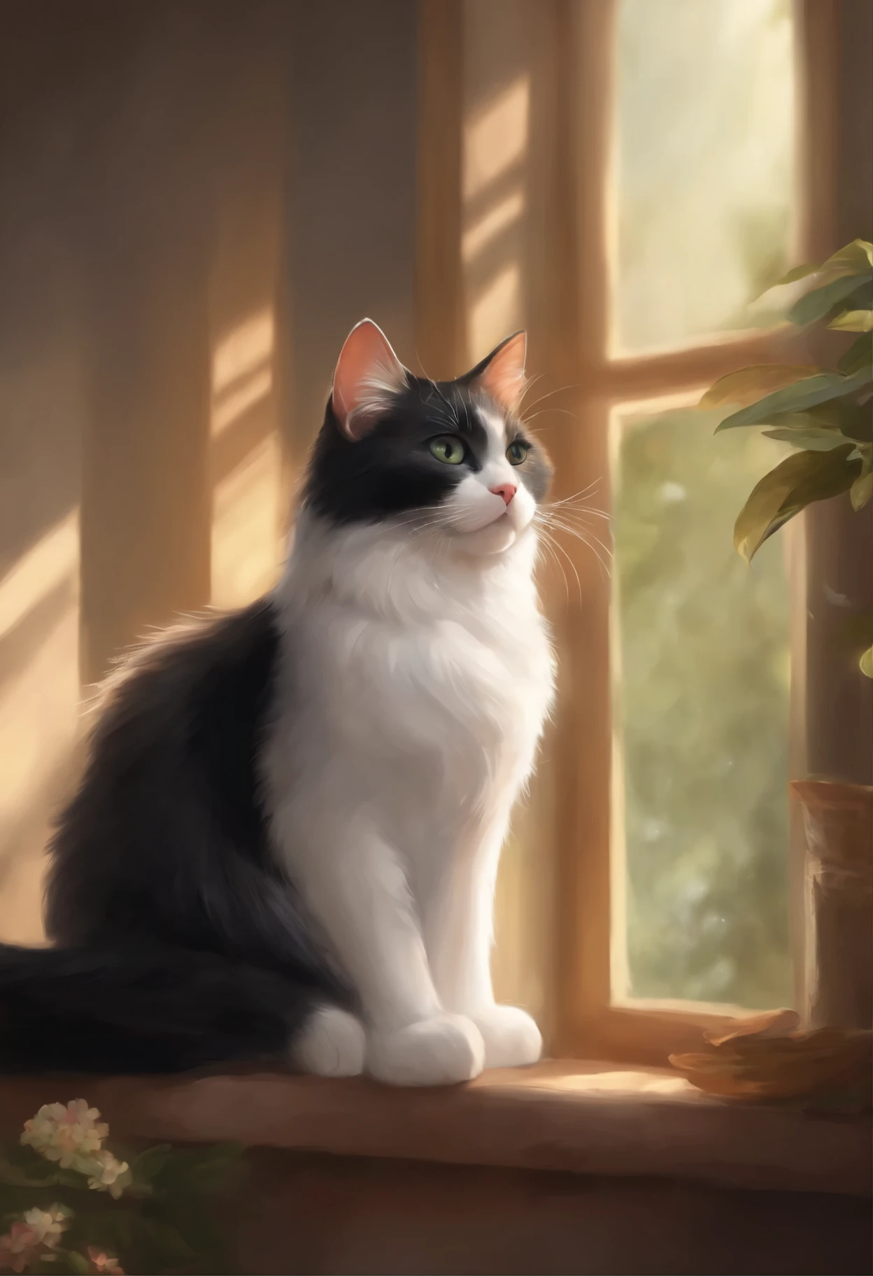 A fluffy cat,playful,curious,bright sharingan eyes,soft black fur,whiskers twitching,stretching in a sunbeam,feline grace and elegance,(best quality,4k,highres),vivid colors,lively and energetic,artistic illustrations and watercolor paintings,dreamy and whimsical,subtle pastel hues,soft lighting,bokeh