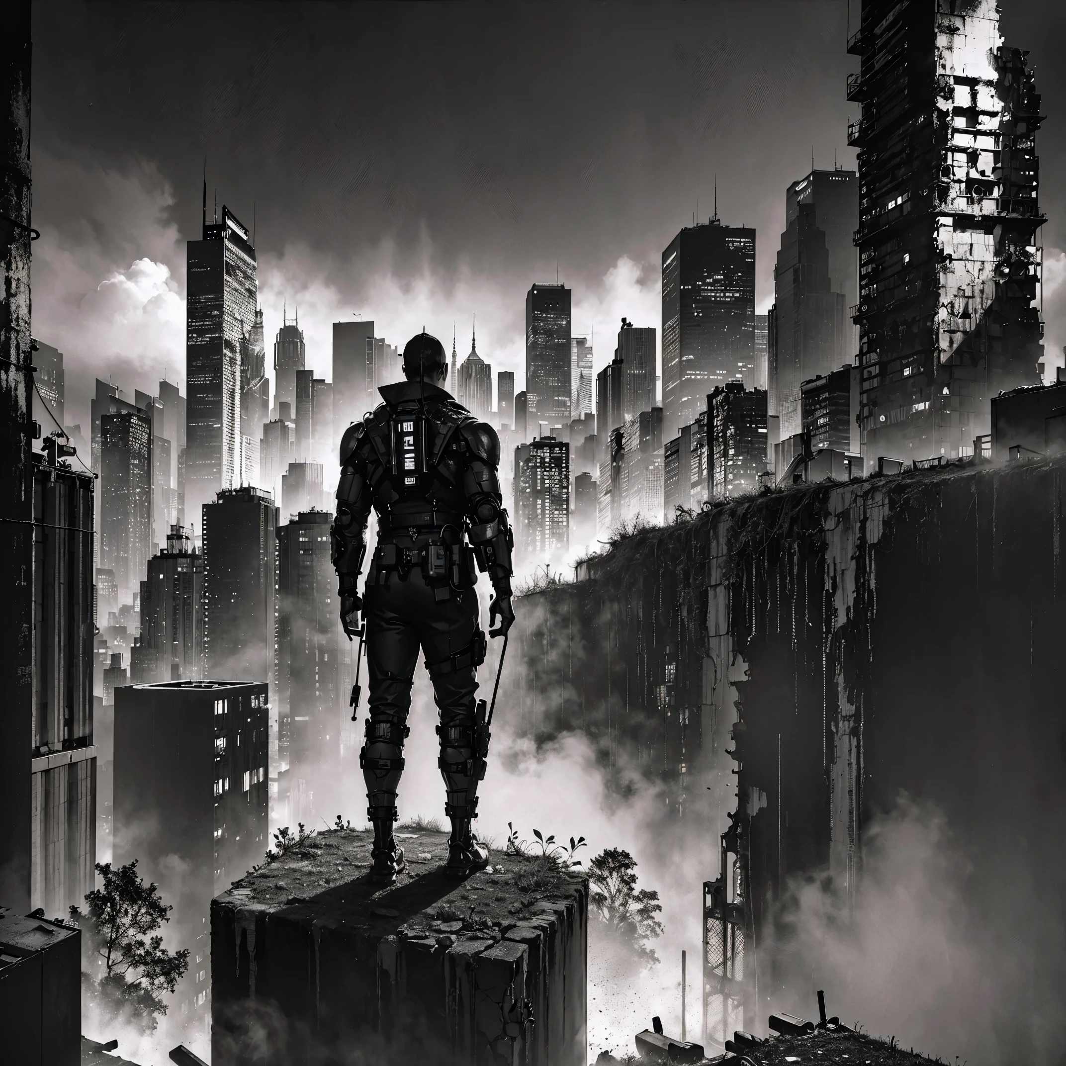 best quality,4k,8k,highres,masterpiece:1.2,ultra-detailed,realistic:1.37,post-apocalyptic manga city scenery,cyberpunk art style,dystopian future,desolate ruins,grim atmosphere,dilapidated buildings,overgrown vegetation,crumbling infrastructure,dark and moody lighting,abandoned vehicles,lonely streets,ominous skies,neon lights,glowing holograms,fallen billboards,destroyed landmarks,mysterious figures in the shadows,hauntingly beautiful,unforgettable imagery,emotional impact,detailed backgrounds,action-packed scenes,majestic cityscape,impressive architectural design,expressive characters,imposing mecha,explosions and smoke,futuristic technology,visually stunning,rich color palette,vivid hues,contrasting shades,sharp contrasts,emphasis on depth and perspective,cinematic composition,intricate line work,meticulous attention to detail,eye-catching visuals,immersive visualization,a captivating story unfolding through images.