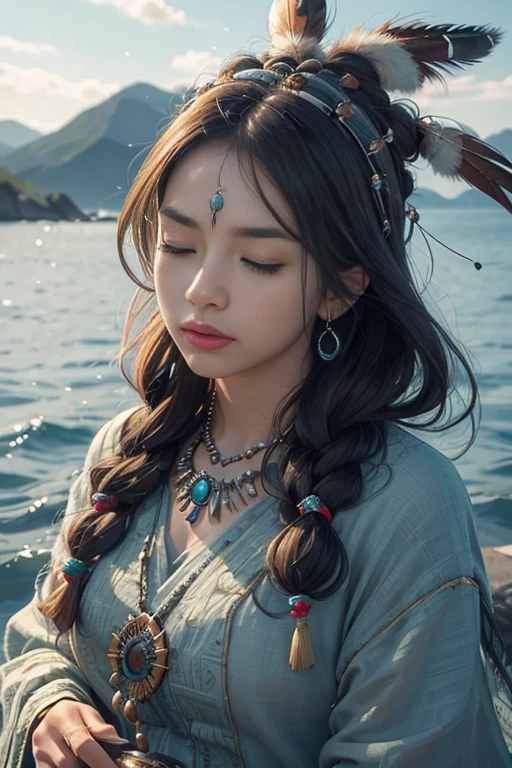(Full portrait), (half shot), alone, Detailed background, Detailed face, (stonepunk, Stone theme:1.1), Sensible, (woman), (Native American), (beautiful hair, braid:0.2), shaman, septum perforation, mystery, (gorgeous face), amazing, head tilted up, (eyes closed, calm expression), calm, meditation, Sea bubble green worn clothes, prayer beads, Tribal jewelry, Feathers on Hair, headgear:0.33, exit, obsidian, detailed clothing, split, lifelike皮肤纹理, (floating particles, water spin, ember, ceremony, whirlwind, wind:1.2), sharp focus, Volumetric lighting, Good highlights, Good shading, subsurface scattering, complex, Very detailed, ((Normal)), dramatic, (best quality, Award-winning, masterpiece:1.5), (lifelike:1.5), (complex symmetrical warpaint:0.5),