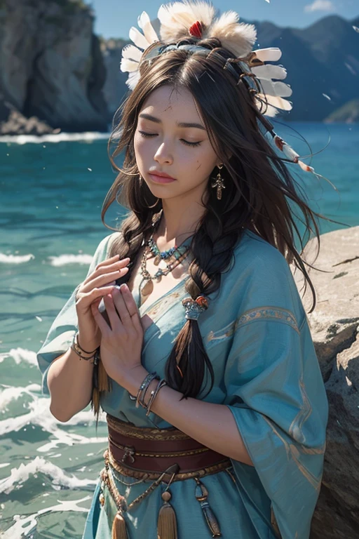 (Full portrait), (half shot), alone, Detailed background, Detailed face, (stonepunk, Stone theme:1.1), Sensible, (woman), (Native American), (beautiful hair, braid:0.2), shaman, septum perforation, mystery, (gorgeous face), amazing, head tilted up, (eyes closed, calm expression), calm, meditation, Sea bubble green worn clothes, prayer beads, Tribal jewelry, Feathers on Hair, headgear:0.33, exit, obsidian, detailed clothing, split, lifelike皮肤纹理, (floating particles, water spin, ember, ceremony, whirlwind, wind:1.2), sharp focus, Volumetric lighting, Good highlights, Good shading, subsurface scattering, complex, Very detailed, ((Normal)), dramatic, (best quality, Award-winning, masterpiece:1.5), (lifelike:1.5), (complex symmetrical warpaint:0.5),