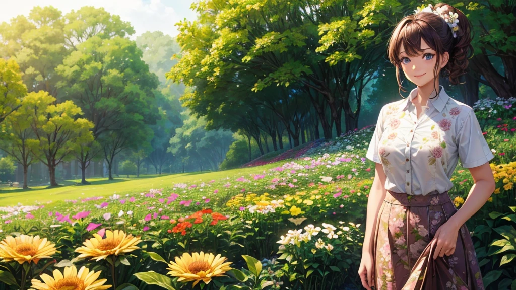 1girl, full body, solo, flowers, trees, brown hair, curly hair, long hair, ponytail, large breasts, button down shirt, ((floral pattern white shirt)), ((unbuttoned shirt)), ((short sleeved shirt)), blue eyes, skirt, smile, looking at the viewer, ((standing)), hair ribbon