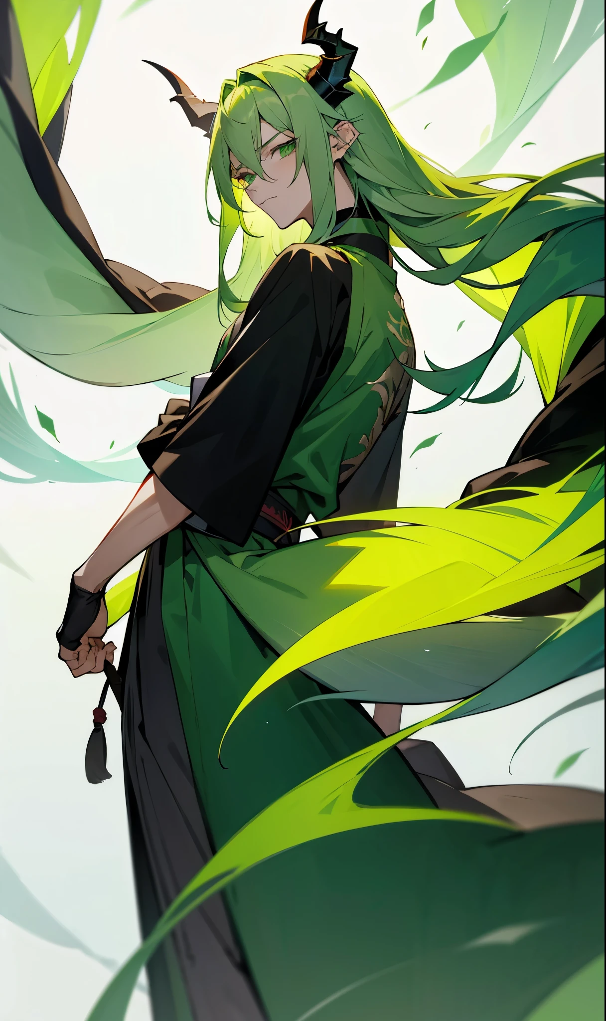 Boy with long green hair and medium body wearing a haori blouse with white and black colors while his eyes glow green with pointy dragon horns on his green head and large green tail with a somewhat serious look
