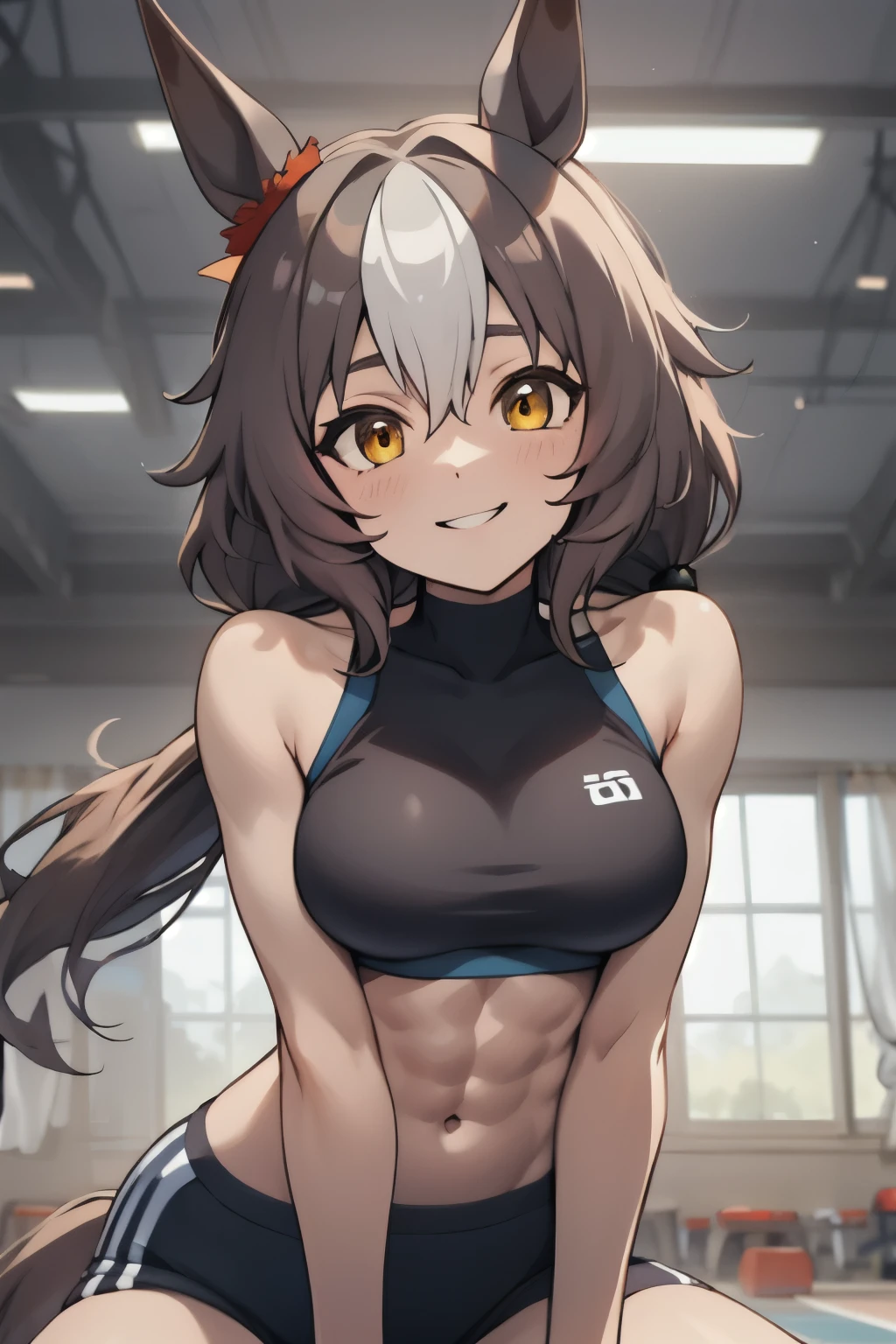 yamanin zephyr\(umamusume\), ((ultra-detailed face)), masterpiece, best quality, symmetrical face, beautiful face, slender, sports bra, horse tail, smile, athletics track, large tits, muscle, abs, hand between legs