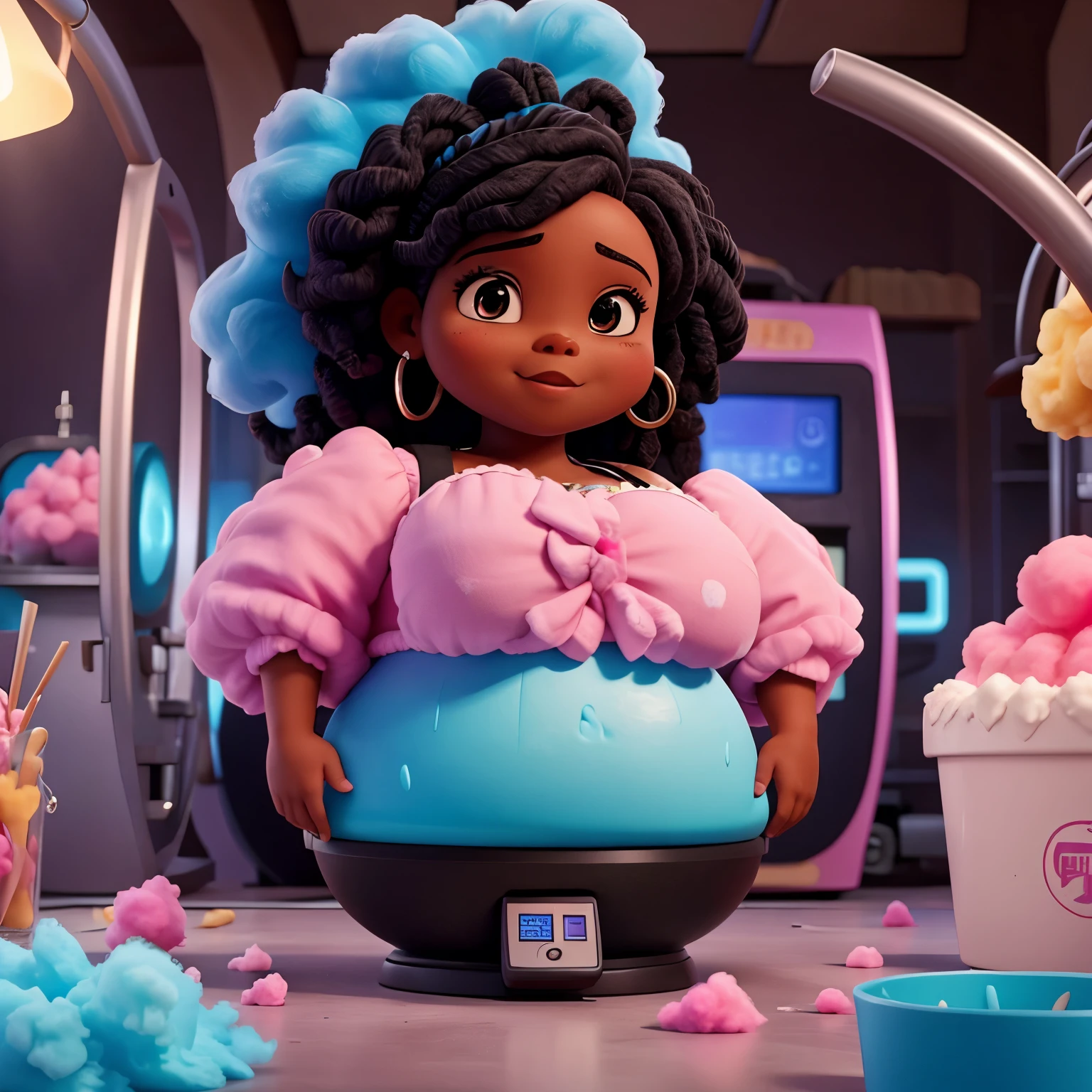 Chubby black woman using cotton candy machine