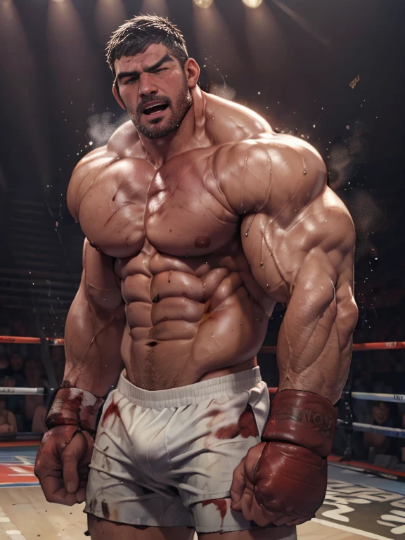 3D Photorealistic, Masterpiece realistic, best high quality, perfect details, RAW Photo, intricate details, nice lighting, 4K, detailed background, In the championship boxing match, A determined muscular boxing champion 45-year-old man, perfect wrinkle wearing pure white boxing trunk and red boxing gloves. wide abs (wide abs:1.4). Crowded audiences and nice lighting, nice face lighting, serving a boxing battleground. Unnoticed by the world beyond. It's a fight born of pride, rivalry, or perhaps a deeper conflict and pride, and it rages on with an intensity that can only be found in the unforgiving boxing stadium of the city. Intricate details, details of physic muscle, perfect body anatomy, perfect hand anatomy. hot beard, (look at viewer:1.6), (straight face:1.2), view from bottom (view from bottom:1.7), mouth open (mouth open:1.2), destroyed (destroyed:1.8), exhausted (exhausted:1.9), dominated (dominated:1.8), bruises (bruises:1.9), shirtless (shirtless:1.9), bodily fluid (bodily fluid:1.8), weaken body (weaken body:1.9), bruised body (bruised body:1.99), bruised abs (bruised abs:1.99), bloody abs (bloody abs:1.9), groaning, vomiting, puking, blood puking, blood vomiting (blood vomiting:1.8), saliva puking, saliva vomiting (saliva vomiting:1.79), tired (tired:1.79), enfeeble (enfeeble:1.89), erode (erode:1.89).