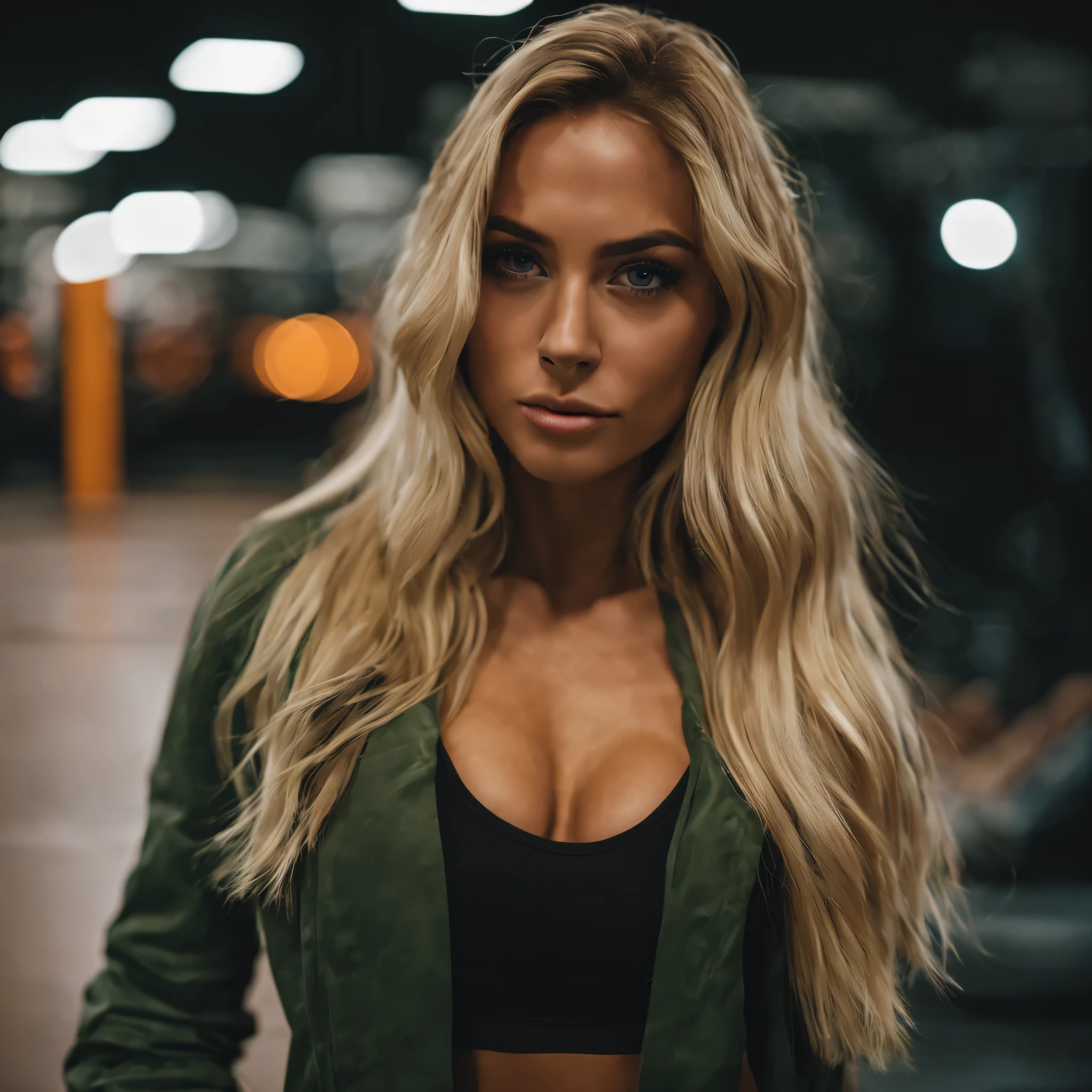 night shot of side pose of a beautiful Instagram influencer, 24 years old, front face, look in the camera, Long blonde hair, beautiful dark green eyes, European, perfect figure, extremely pretty, do fitness, at gym, realistic skin texture, realistic photography