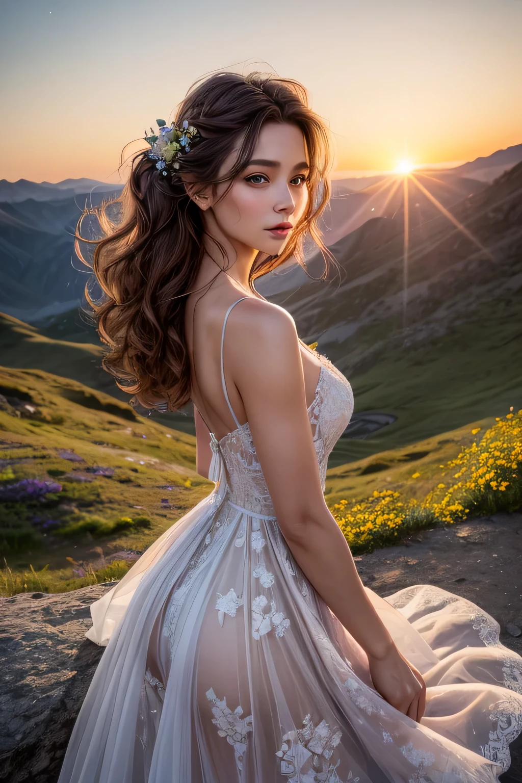A beautiful woman stood atop a rocky outcropping, Her hair was swept up in loose curls that tumbled down her back, a subtle hint of makeup accentuated her high cheekbones, full lips, and flawless complexion. As she turned to face the camera, a soft smile played at the corners of her mouth, framing her delicate features and piercing blue eyes overlooking a breathtaking valley below. She wore a flowing wedding dress that billowed gently in the breeze ,the lace was delicately embroidered with tiny flowers and vines, while the hem was adorned with sparkling crystals that caught the light and glimmered like stars. In the foreground, a bed of wildflowers added a pop of color to the scene, with vibrant hues of pink, purple, and yellow. Bees buzzed lazily from blossom to blossom, collecting nectar in the golden light of the setting sun. The sun was setting behind the mountains, casting a warm orange glow across the vast landscape.