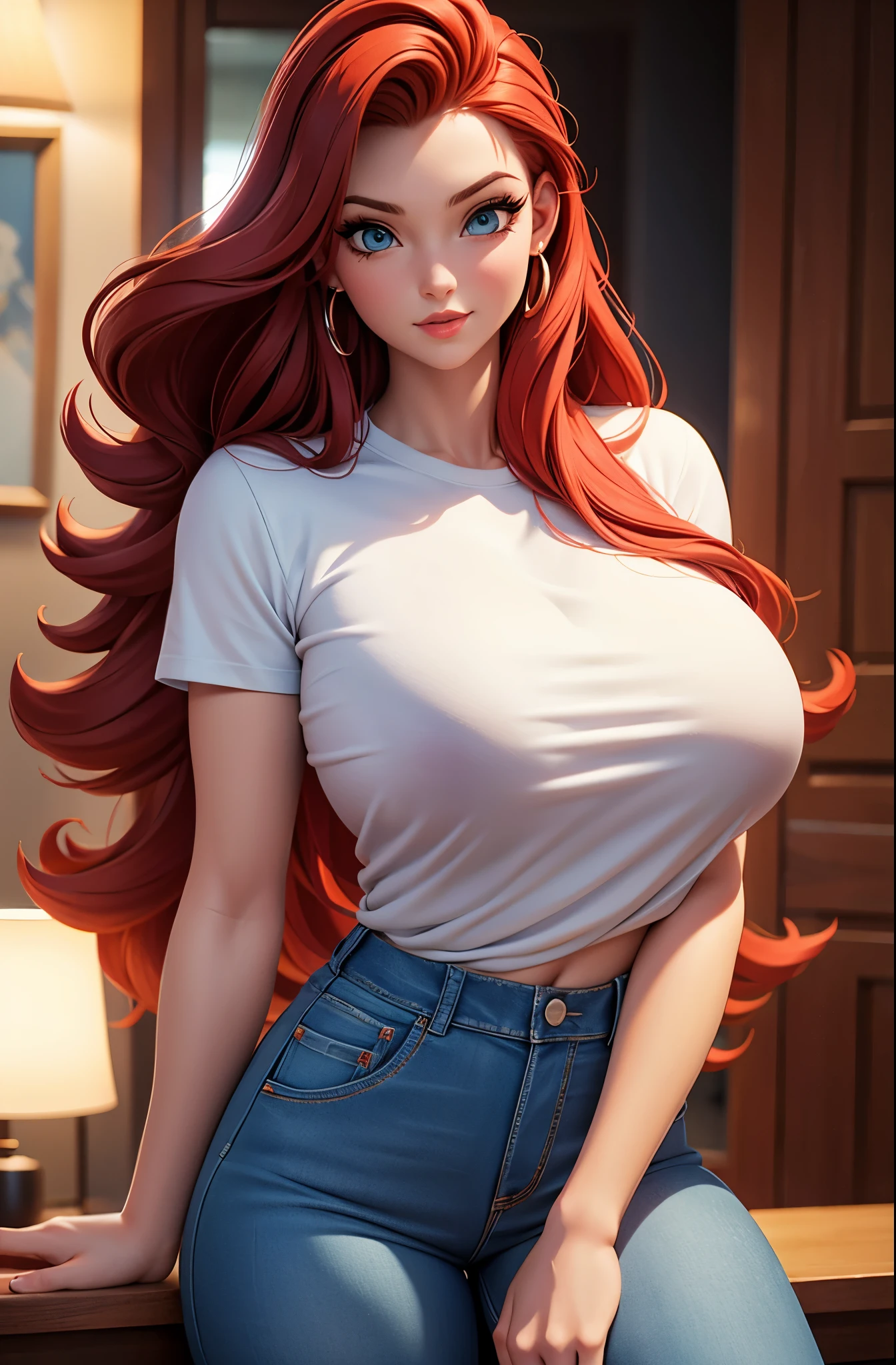 best quality,ultra-detailed,realistic:1.37,photorealistic:1.37,portrait,studio lighting,sharp focus,long and smooth red tone hair,detailed vibrant blue eyes,beautiful detailed lips,21 years old woman,worn jeans,mint color t-shirt,big boobs,big ass,big hip