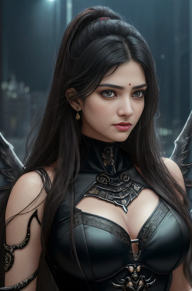 top-quality、​masterpiece、超A high resolution、(Photorealsitic:1.4)、Raw photo、女の子1人、Black hair、glowy skin、1 Machine Devil、large metal wings、Metal horns、((super realistic details))、portlate、globalillumination、Shadow、octan render、8K、ultrasharp、Colossal tits、Raw skin is exposed in cleavage、Black fiberglass body、Details of complex ornaments、About Cyberpunk、Glowing LEDs、IC chips、Data Links、Hydraulic cylinder、highly intricate detail、Realistic light、Red Eyes、radiant eyes、Facing the camera、neon details、Mechanical limbs、blood vessels connected to tubes、Mechanical vertebrae attached to the back、mechanical cervical attaching to neck、cowboy  shot、Wires and cables connecting to the head、Luminous tube、Small LED lamp、Sumerian details、