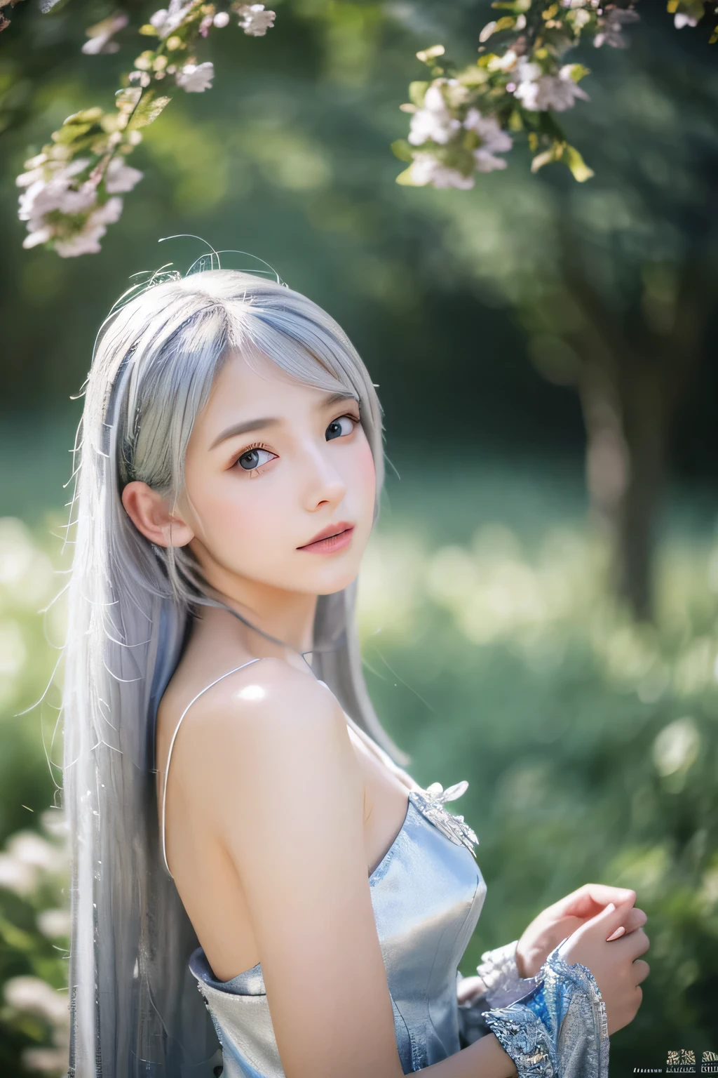 brunette-like silver hair、less skin exposure、Village maiden、beautiful scenery、fantasy、Costume with attention to detail in calm colors、Mature costume、great atmosphere、highest quality、genuine、(faded texture)、In 8K、fine skin、young half、18-year-old、Super detailed、High resolution、professional lighting、