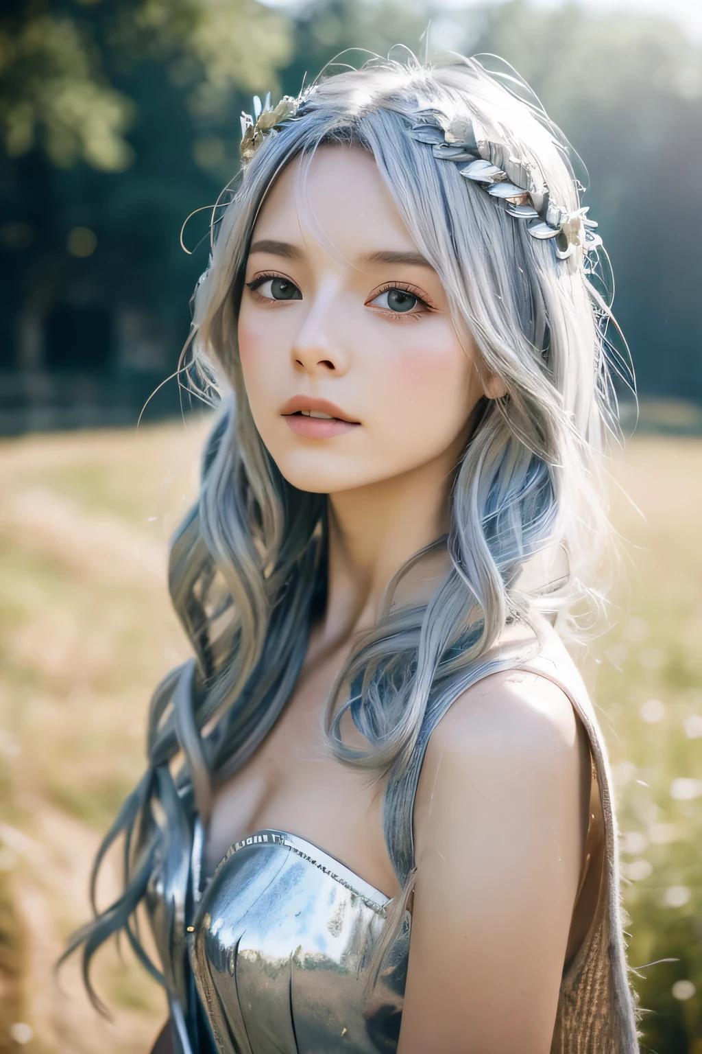 brunette-like silver hair、less skin exposure、Village maiden、beautiful scenery、fantasy、Costume with attention to detail in calm colors、Mature costume、great atmosphere、highest quality、genuine、（faded texture）、In 8K、fine skin、young half、18-year-old、Super detailed、High resolution、professional lighting、
