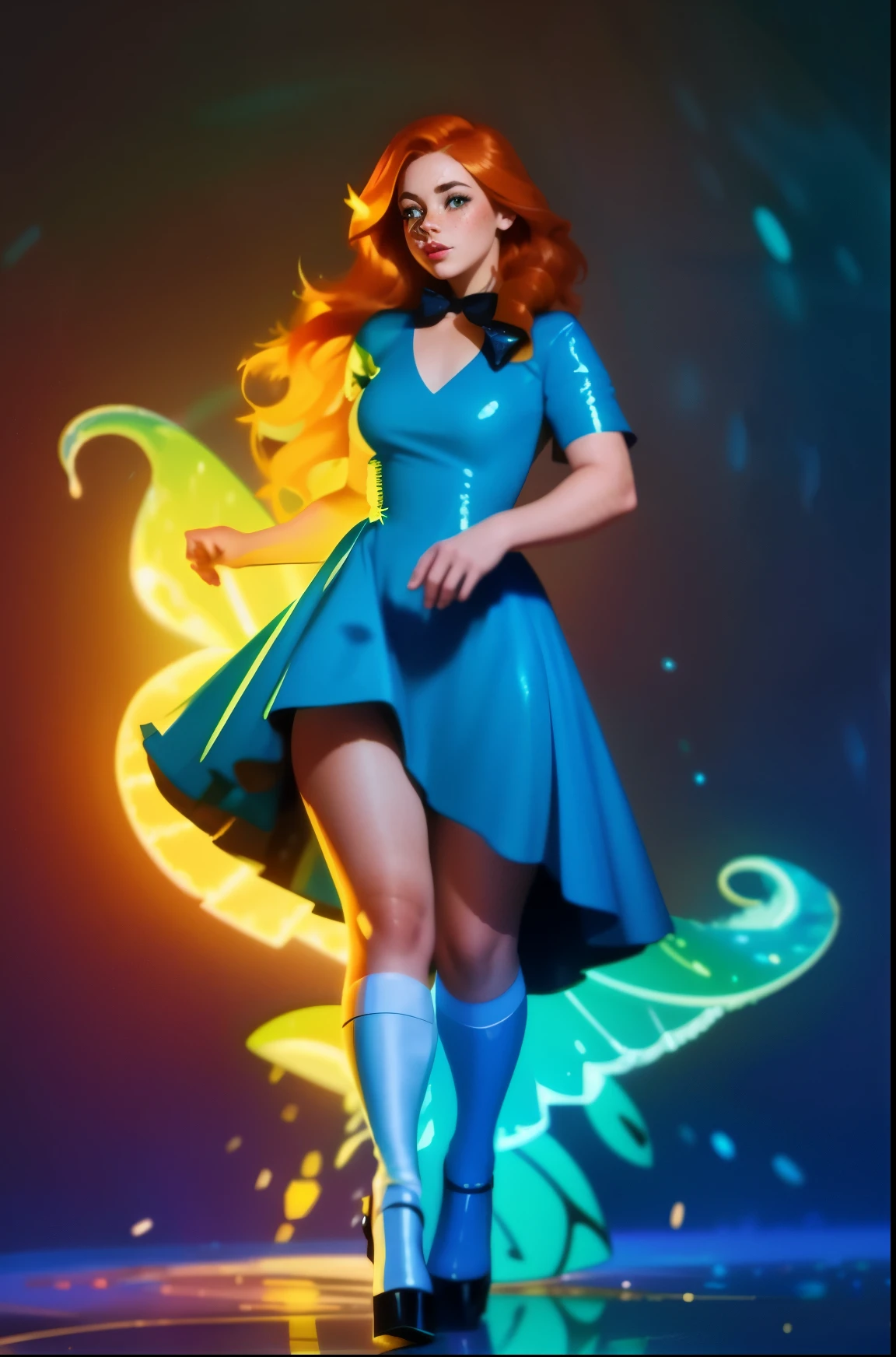 Beautiful girl with freckles dances in neon yellow and green colors, she is wearing a blue latex dress of different lengths, white knee socks and black heels and platform shoes , on a multi-colored background with fiery sparks, long red curly hair and a black bow on the neck