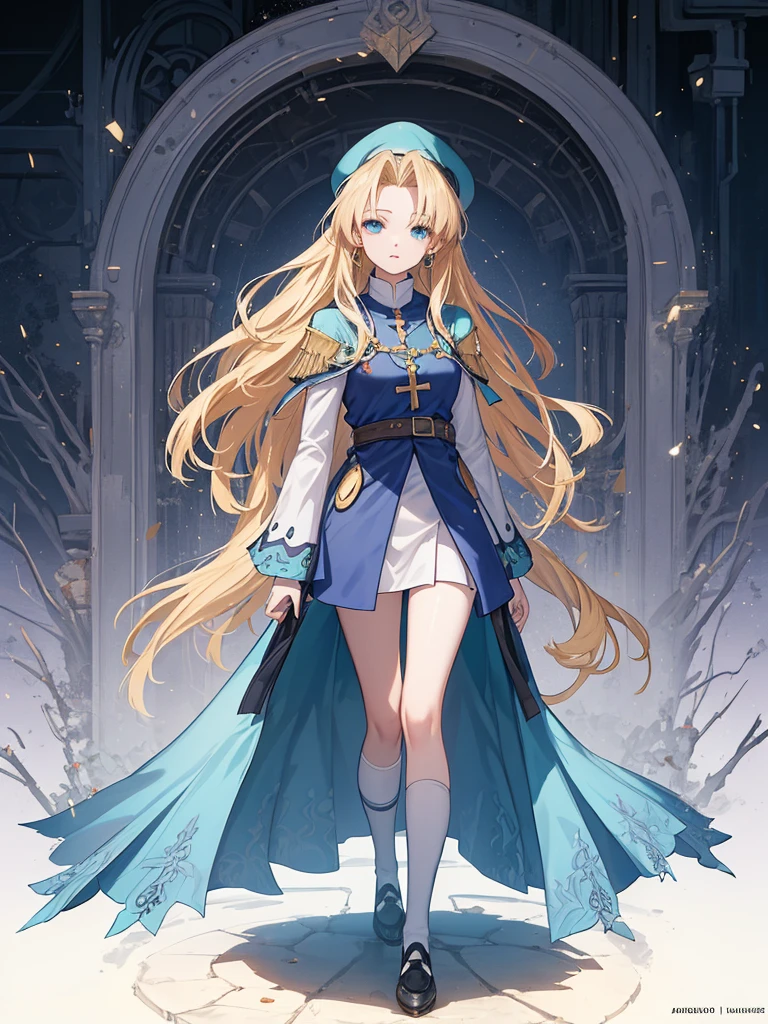 ((Mint Adnade from Tales of phantasia)), 1girl, solo, a priest, 18yo, blond long hair, ((straight hair)), deep blue eyes, Raising bangs, ((Forehead)), large tits, blue hat, ((blue long vestment)), have a oak cane, full body shot,

masutepiece, Best Quality, (the Extremely Detailed CG Unity 8K Wallpapers), (Best Quality), (Best Illustrations), (Best Shadows), 
 (((Particle effect))), Isometric 3D, Octane Rendering, Ray tracing, super detailed,