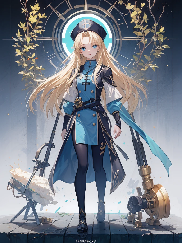 ((Mint Adnade from Tales of phantasia)), 1girl, solo, a priest, 18yo, blond long hair, ((straight hair)), deep blue eyes, Raising bangs, ((Forehead)), large tits, blue hat, ((blue long vestment)), have a oak cane, full body shot,
masutepiece, Best Quality, (the Extremely Detailed CG Unity 8K Wallpapers), (Best Quality), (Best Illustrations), (Best Shadows),
(((Particle effect))), Isometric 3D, Octane Rendering, Ray tracing, super detailed,