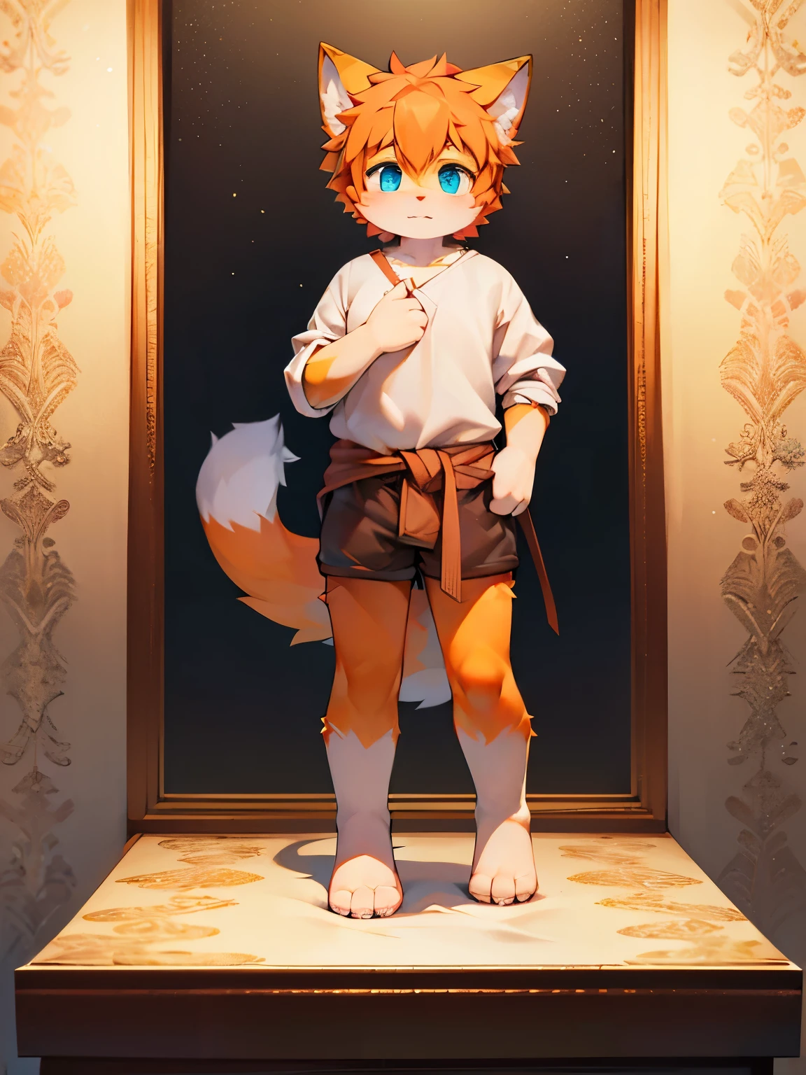 
blue pupils, hairy body, fluffy tail, Boy cat，beautiful wallpaper，very cute，Orange hair，P station popular styles，One role solo，Light cute plush little long legs，Exquisite real clothes，3D feeling is very strong， cute feet，Standing posture，Minimalist background，Hands at the waist，