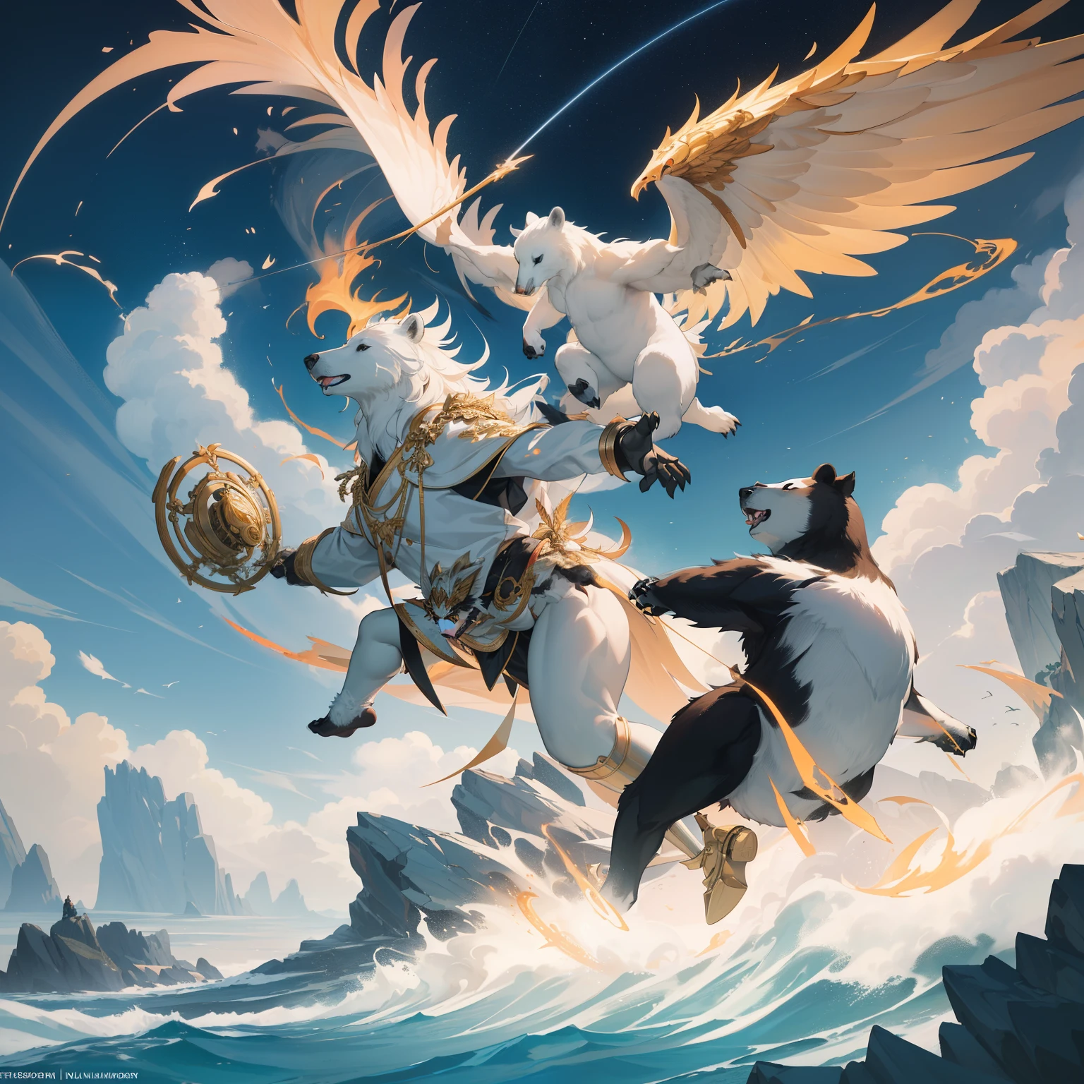 High quality masterpiece, breathtaking landscape, a jaw-dropping scene on the edge of a majestic cliff. The sky is adorned with the graceful presence of a magnificent golden dragon, gracefully soaring and circling above. On the ground, an intense battle unfolds between a fierce black bear and a noble white bear. The black bear, showing its sheer strength, wields a powerful gatling gun, unleashing a storm of bullets. In contrast, the white bear, displaying its agility, grasps a shimmering golden hoop, skillfully evading the incoming onslaught. However, the black bear has suffered a grievous injury to its left arm, evident in its determined yet pained expression. The entire composition is a testament to the artist's incredible attention to