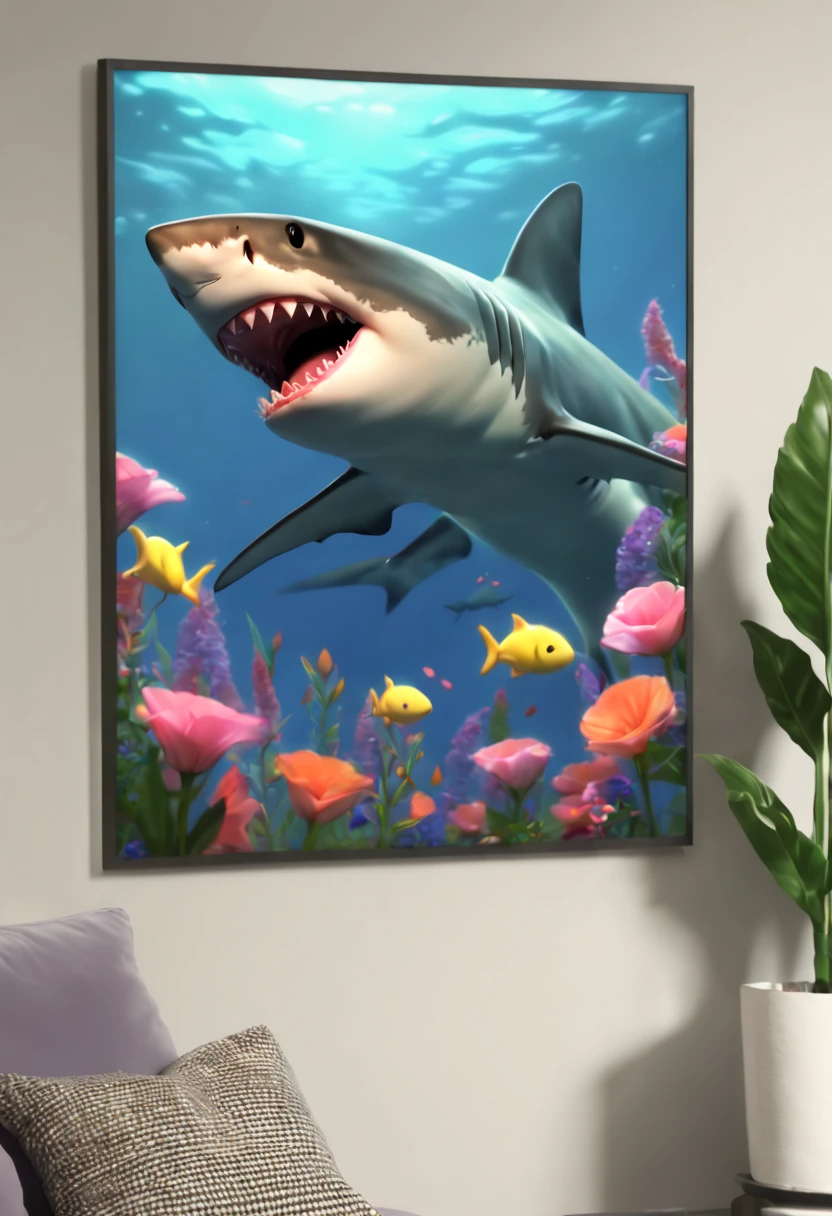 cartoon style, a (shark_cub) with nightcap, underwater living room, television show, chibi, best quality, masterpiece, 8k
