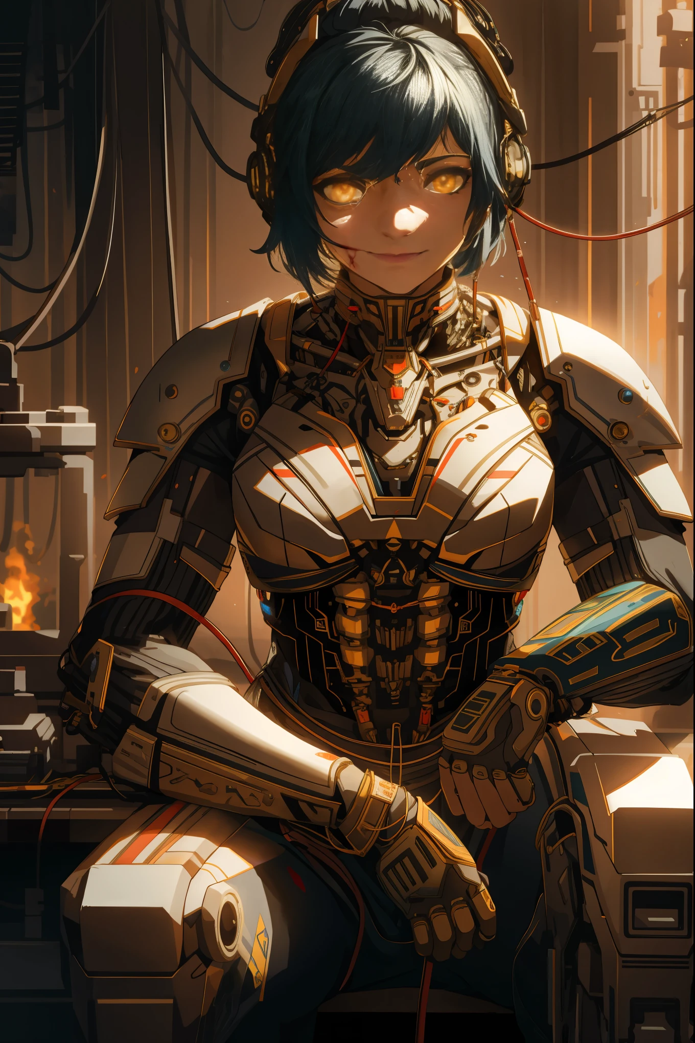 1mechanical girl((ultra realistic details))portrait, global illumination, shadows, octane render, 8k, ultra sharp,metal, intricate, ornaments detailed, cold colors, egypician detail, highly intricate details, realistic light, trending on cgsociety, glowing eyes, facing camera, neon details, machanical limbs, blood vessels connected to tubes, mechanical vertebra attaching to back, mechanical cervial attaching to neck, sitting, wires and cables connecting to head,