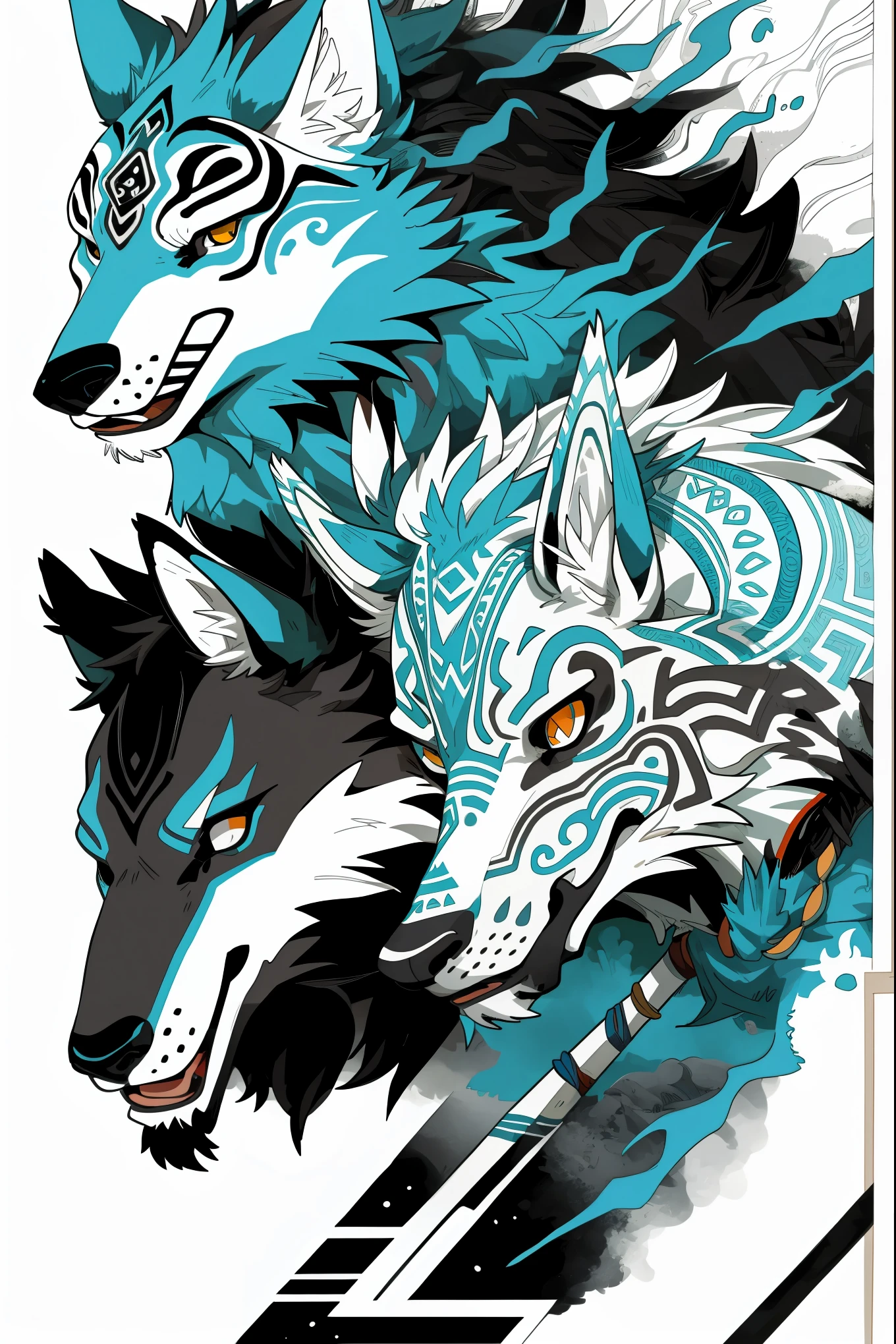 8k, cover_page, Tribal Spirit animals, A t-shirt design inspired by tribal art and folklore, featuring intricately detailed spirit animals such as wolves, The design incorporates geometric patterns and bold linework to create a striking and powerful composition, white background,