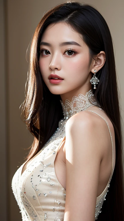 Create and express the best shining composition of the person in a realistic way。((masterpiece))、(((top-quality)))、((ultra-detailliert))、(A hyper-realistic)、(highly detailed CGillustration)、(extremely delicate and beautiful)、Girl a masterpiece、top-quality、Realistic skin feeling、Realistic fabric、We will introduce a realist illustration focusing on the center front of girls with realistic and ultra-detailed eyes.。This is the absolute rule, and the following sentence expresses the image quality。 The greatest painter in human history meets an unparalleled beauty、It is the greatest masterpiece in the history of the Inuiku Ichigo, which depicts the most beautiful figure of a lifetime.。 Create stunning anime artwork that is currently trending on seaStation、Introducing exquisite beauty and seductive aesthetics。jeweled dress