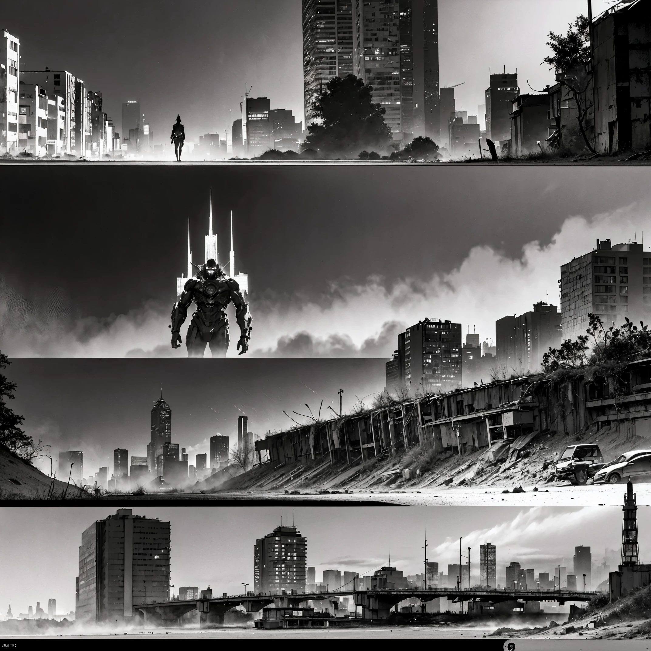 best quality,4k,8k,highres,masterpiece:1.2,ultra-detailed,realistic:1.37,post-apocalyptic manga city scenery,cyberpunk art style,dystopian future,desolate ruins,grim atmosphere,dilapidated buildings,overgrown vegetation,crumbling infrastructure,dark and moody lighting,abandoned vehicles,lonely streets,ominous skies,neon lights,glowing holograms,fallen billboards,destroyed landmarks,mysterious figures in the shadows,hauntingly beautiful,unforgettable imagery,emotional impact,detailed backgrounds,action-packed scenes,majestic cityscape,impressive architectural design,expressive characters,imposing mecha,explosions and smoke,futuristic technology,visually stunning,rich color palette,vivid hues,contrasting shades,sharp contrasts,emphasis on depth and perspective,cinematic composition,intricate line work,meticulous attention to detail,eye-catching visuals,immersive visualization,a captivating story unfolding through images.