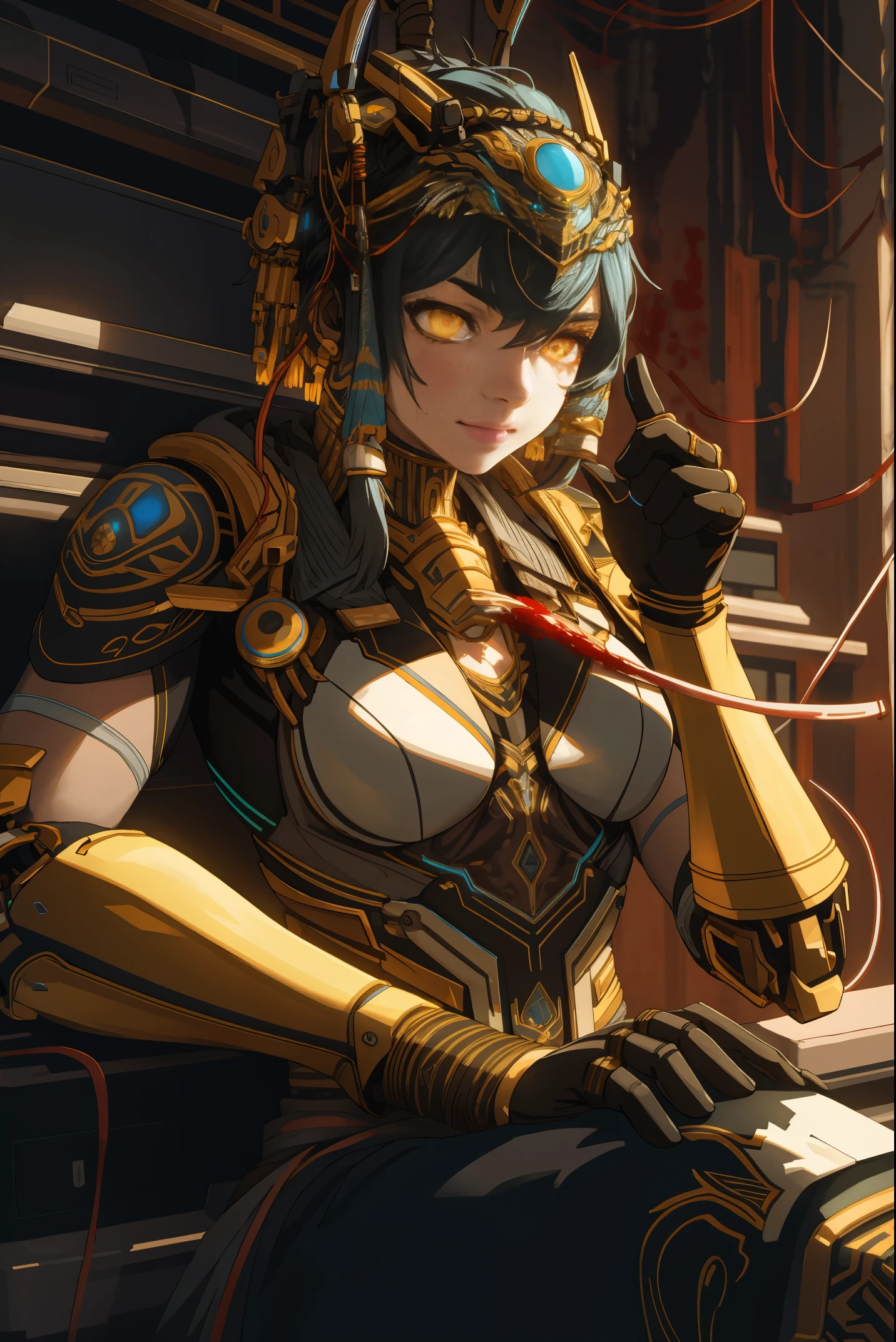 1mechanical girl((ultra realistic details))portrait, global illumination, shadows, octane render, 8k, ultra sharp,metal, intricate, ornaments detailed, cold colors, egypician detail, highly intricate details, realistic light, trending on cgsociety, glowing eyes, facing camera, neon details, machanical limbs, blood vessels connected to tubes, mechanical vertebra attaching to back, mechanical cervial attaching to neck, sitting, wires and cables connecting to head,